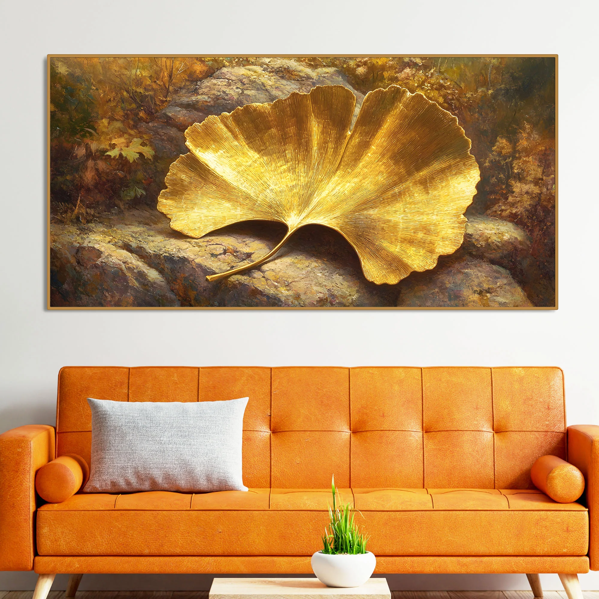 Golden Ginkgo Leaf Art Canvas Wooden Wall Painting - Image 3