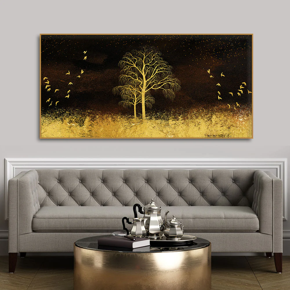 Golden Grass Trees with Birds in Dark Background Wall Painting - Image 3