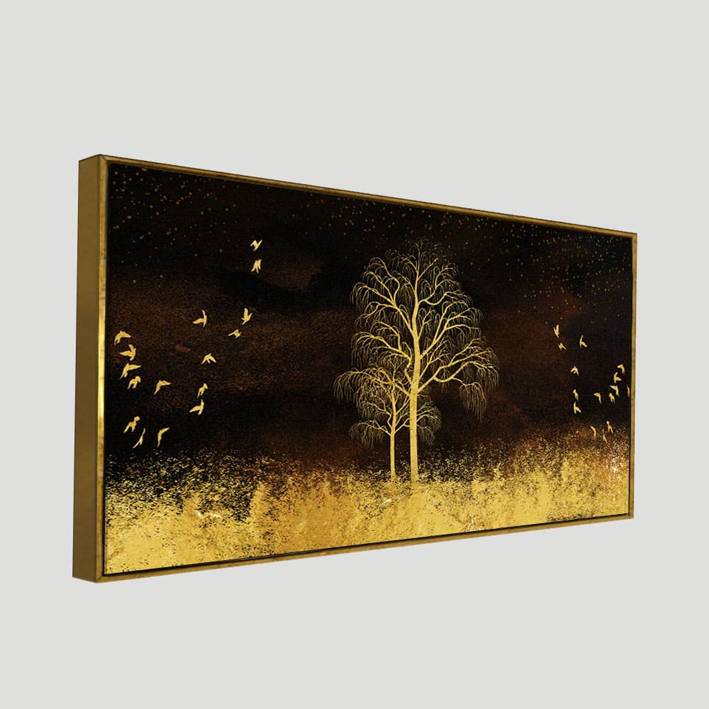 Golden Grass Trees with Birds in Dark Background Wall Painting - Image 5