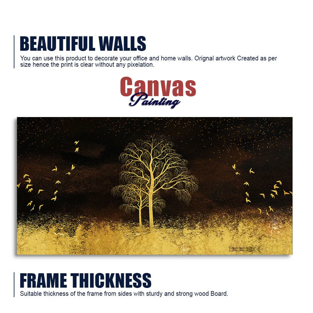 Golden Grass Trees with Birds in Dark Background Wall Painting - Image 6