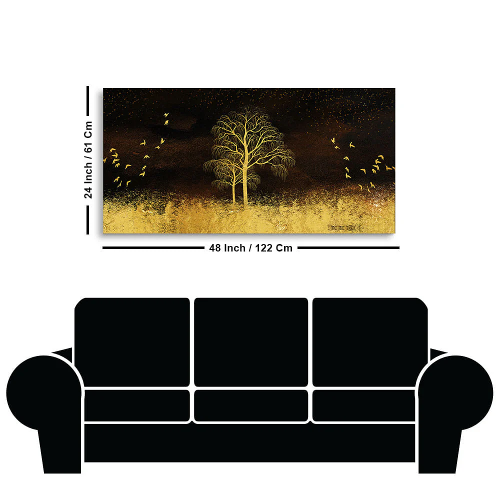 Golden Grass Trees with Birds in Dark Background Wall Painting - Image 7
