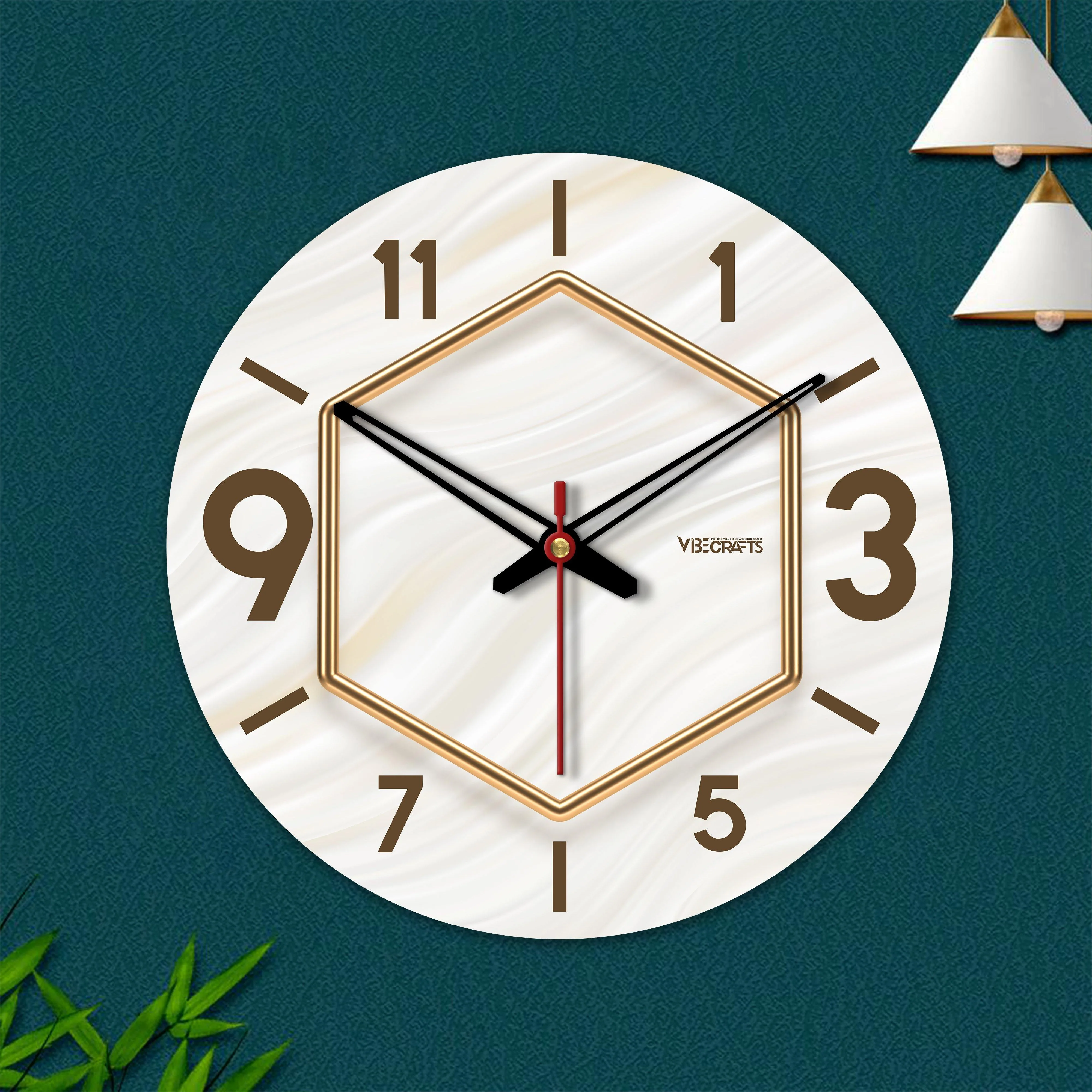 Golden Hexagon Design Wooden Wall Clock For Living Room - Image 5