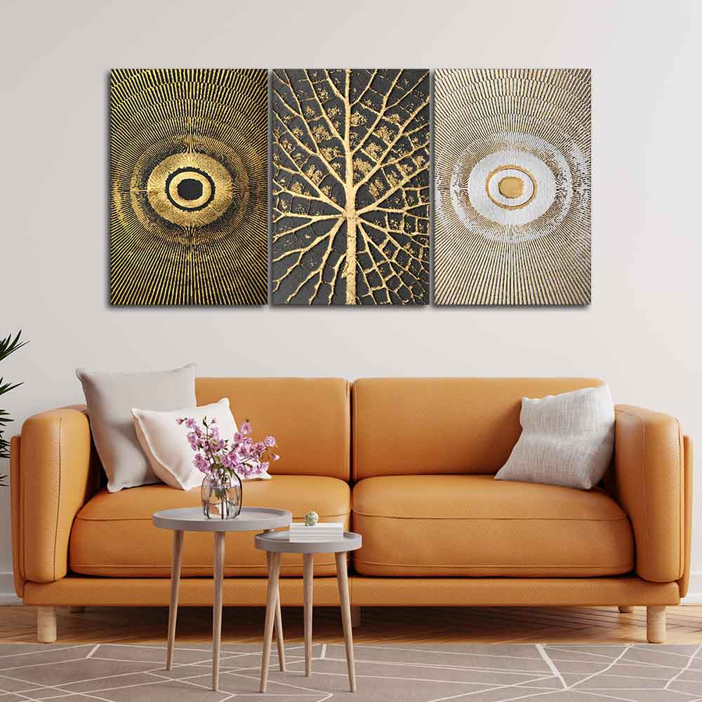 Golden Leaf and 3D Design Wall Painting of 3 Pieces - Image 2