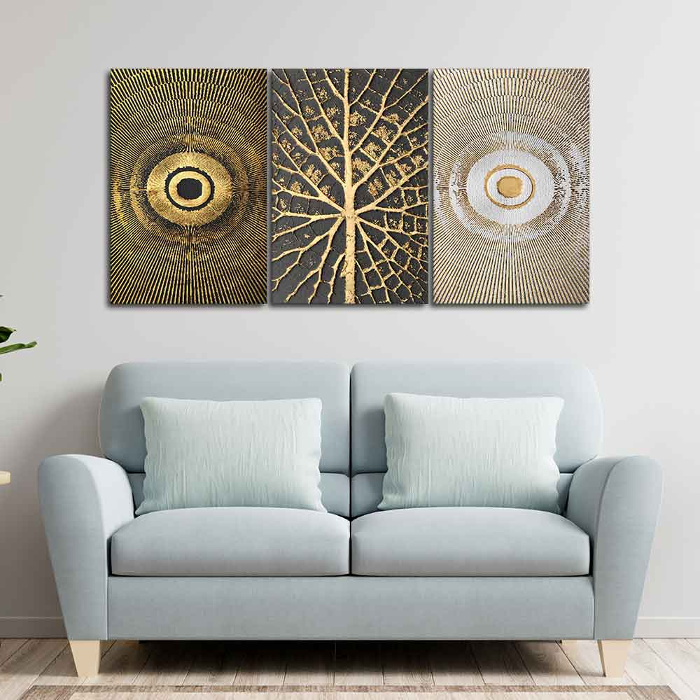 Golden Leaf and 3D Design Wall Painting of 3 Pieces - Image 3