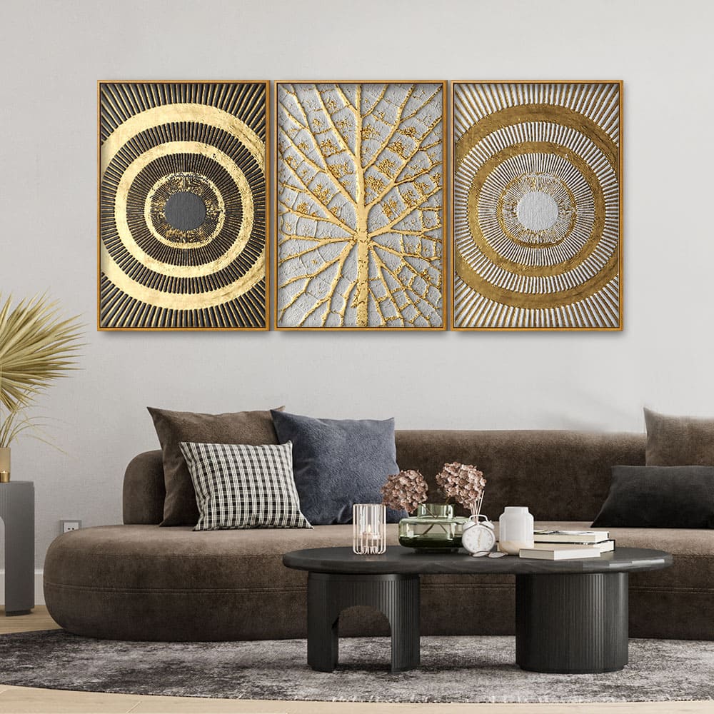 Golden Leaf and 3D Pattern Floating Canvas Wall Painting Set of Three - Image 2