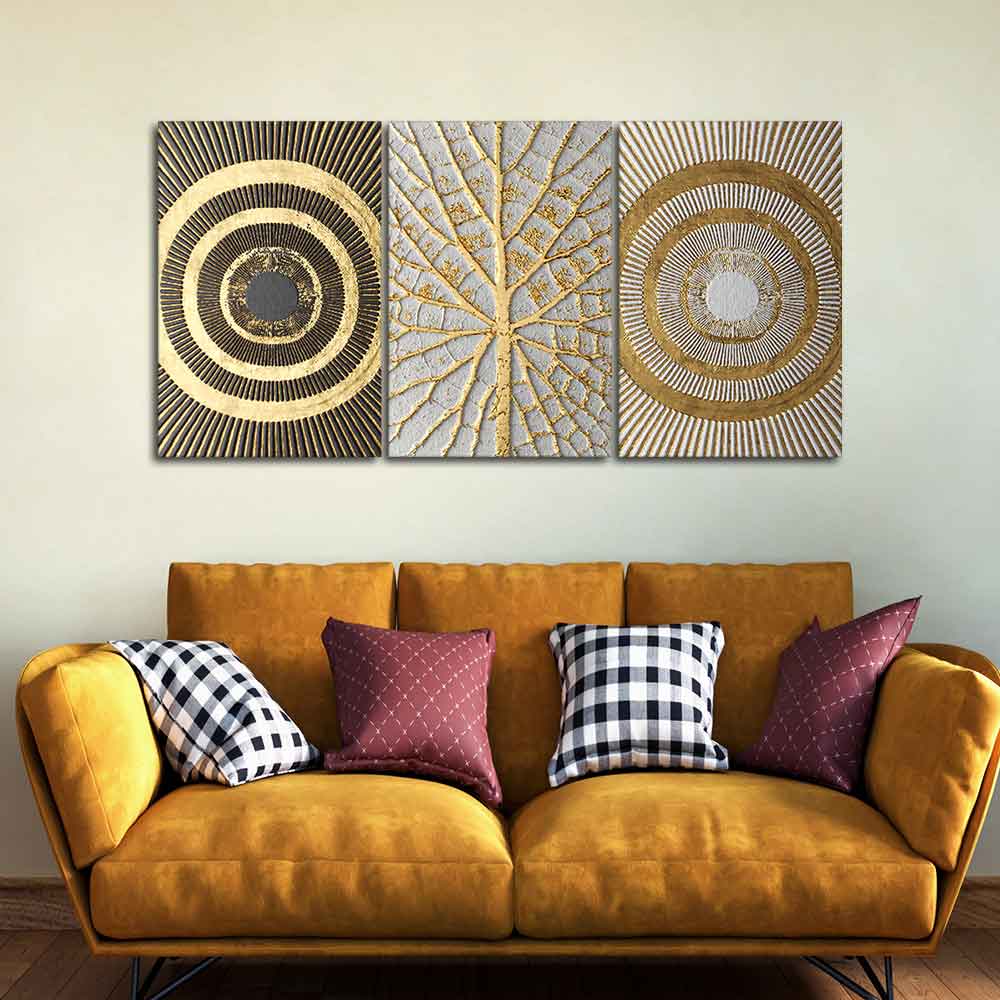 Golden Leaf and 3D Pattern Wall Painting of 3 Pieces - Image 2