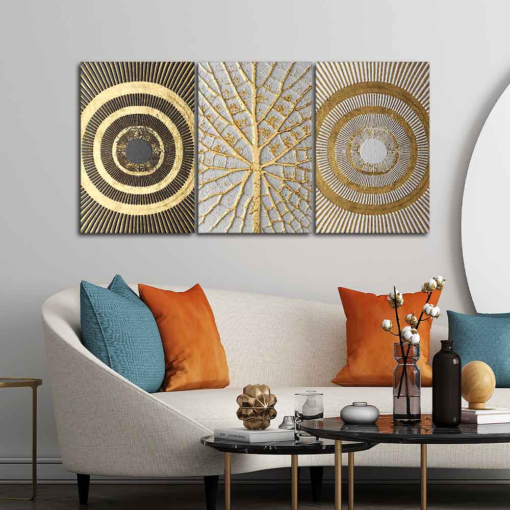 Golden Leaf and 3D Pattern Wall Painting of 3 Pieces - Image 3