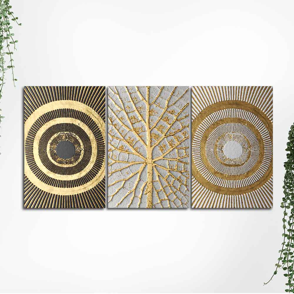Golden Leaf and 3D Pattern Wall Painting of 3 Pieces - Image 5