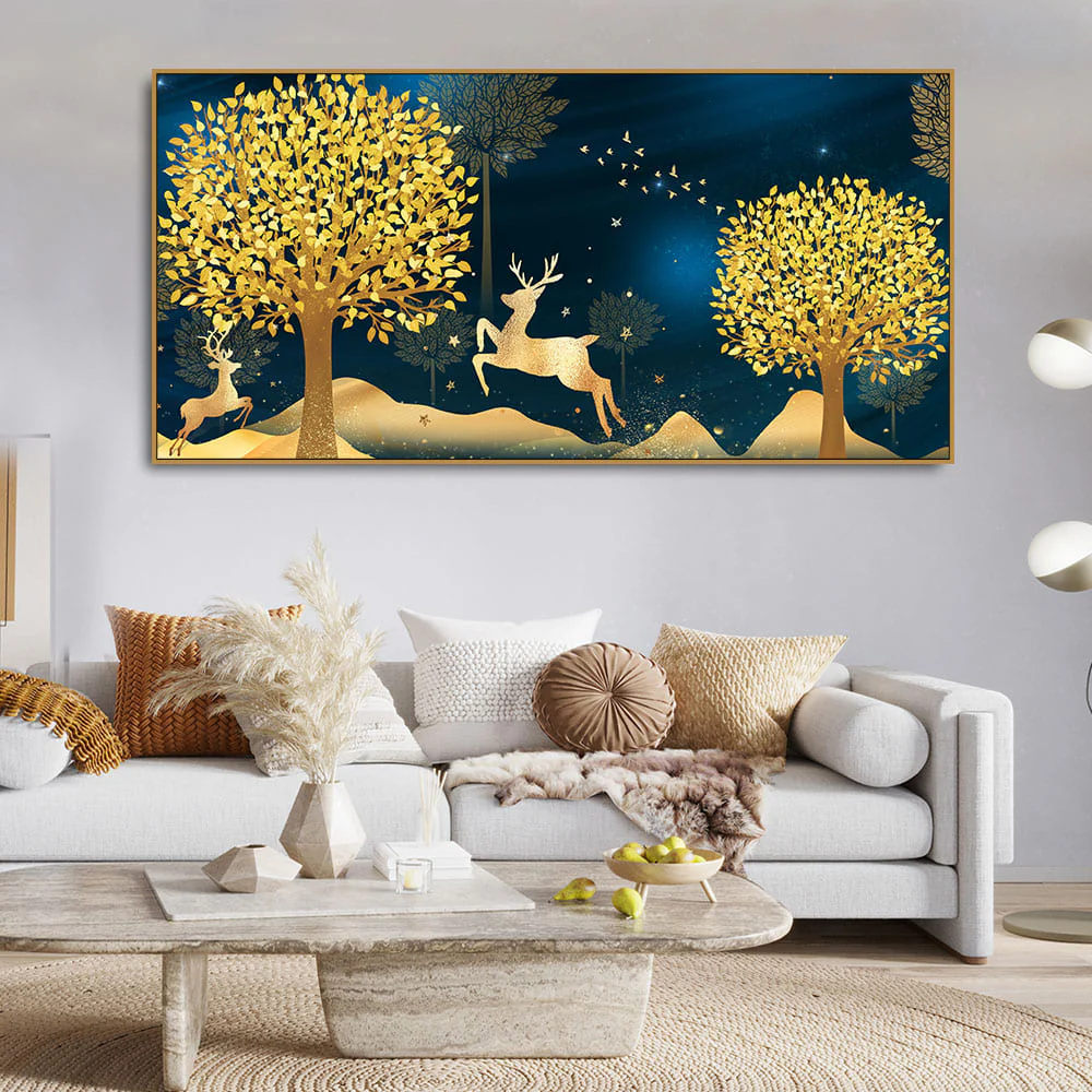 Golden Leaf Tree with Golden Deer Canvas wall Painting - Image 3