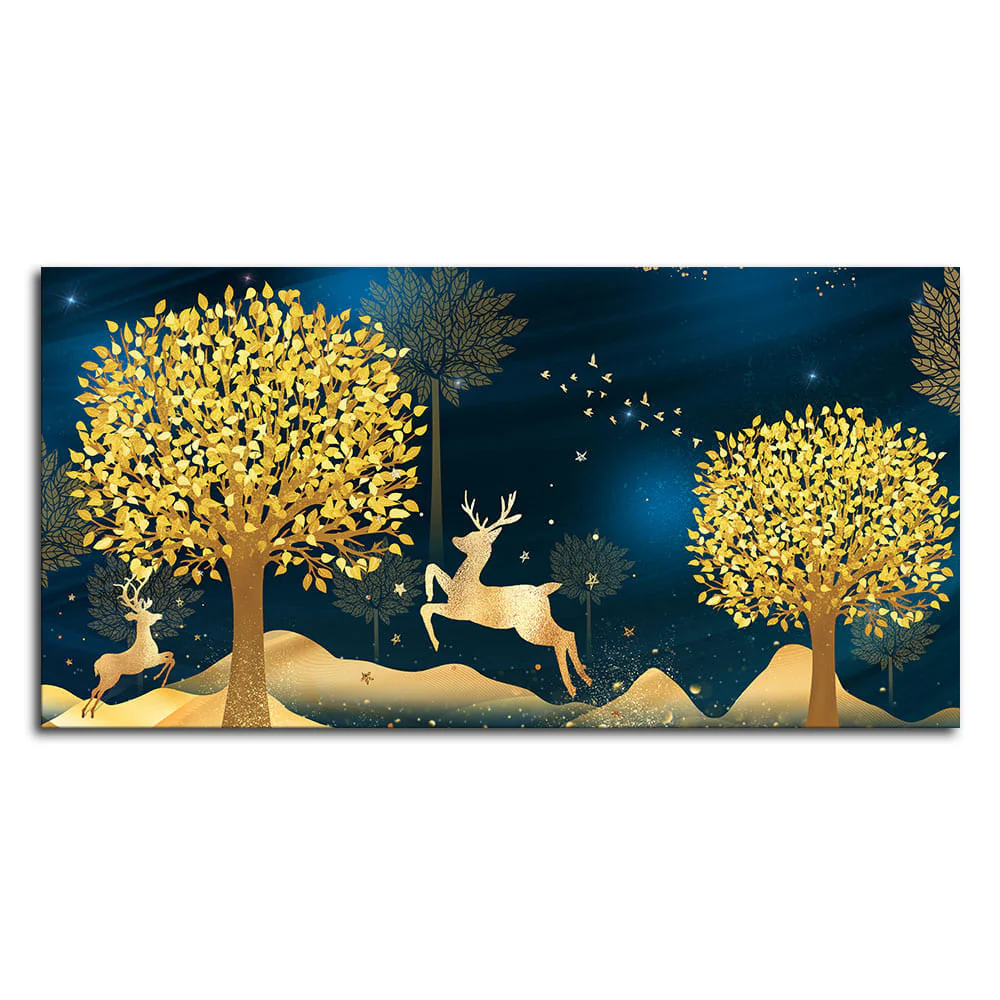 Golden Leaf Tree with Golden Deer Canvas wall Painting - Image 4