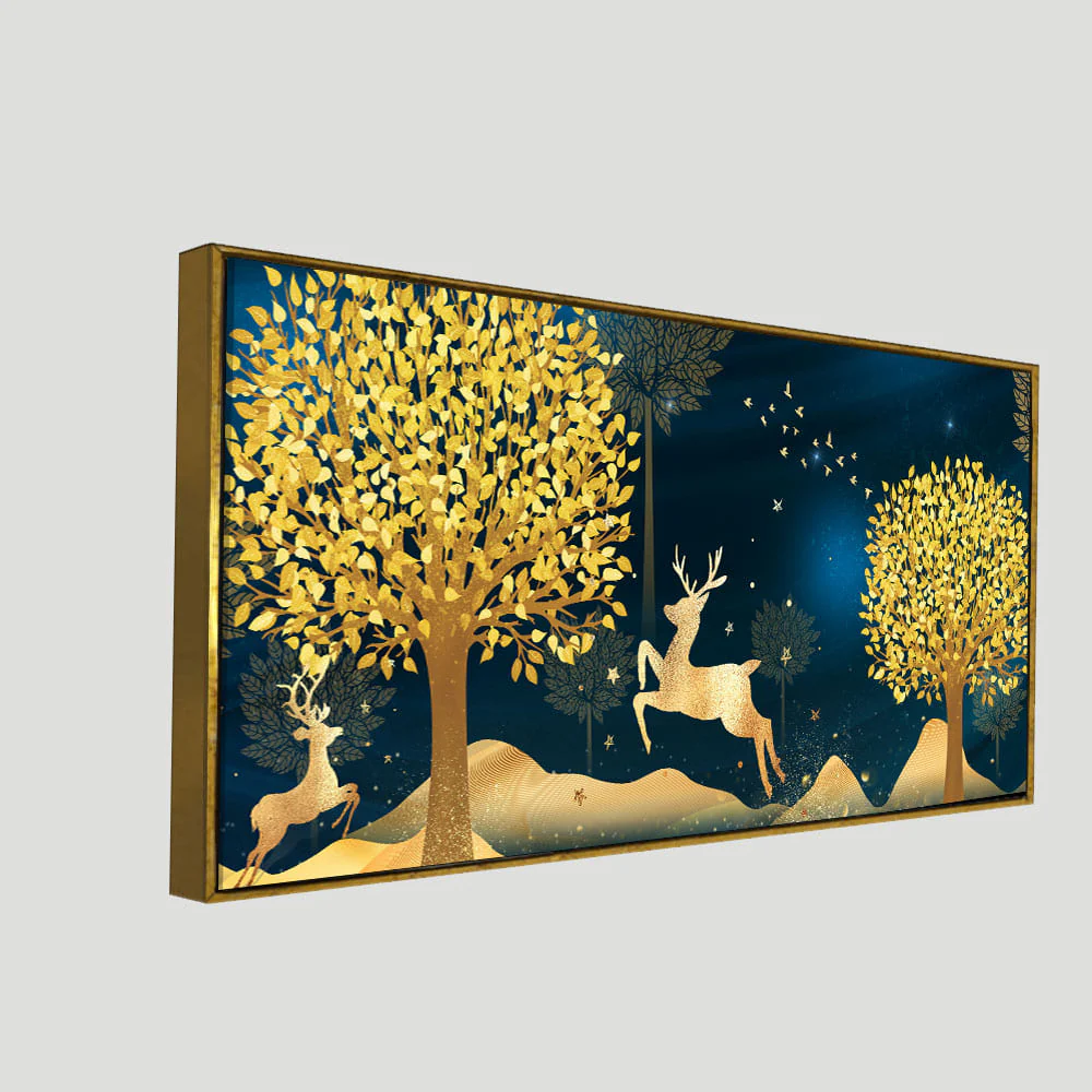 Golden Leaf Tree with Golden Deer Canvas wall Painting - Image 5