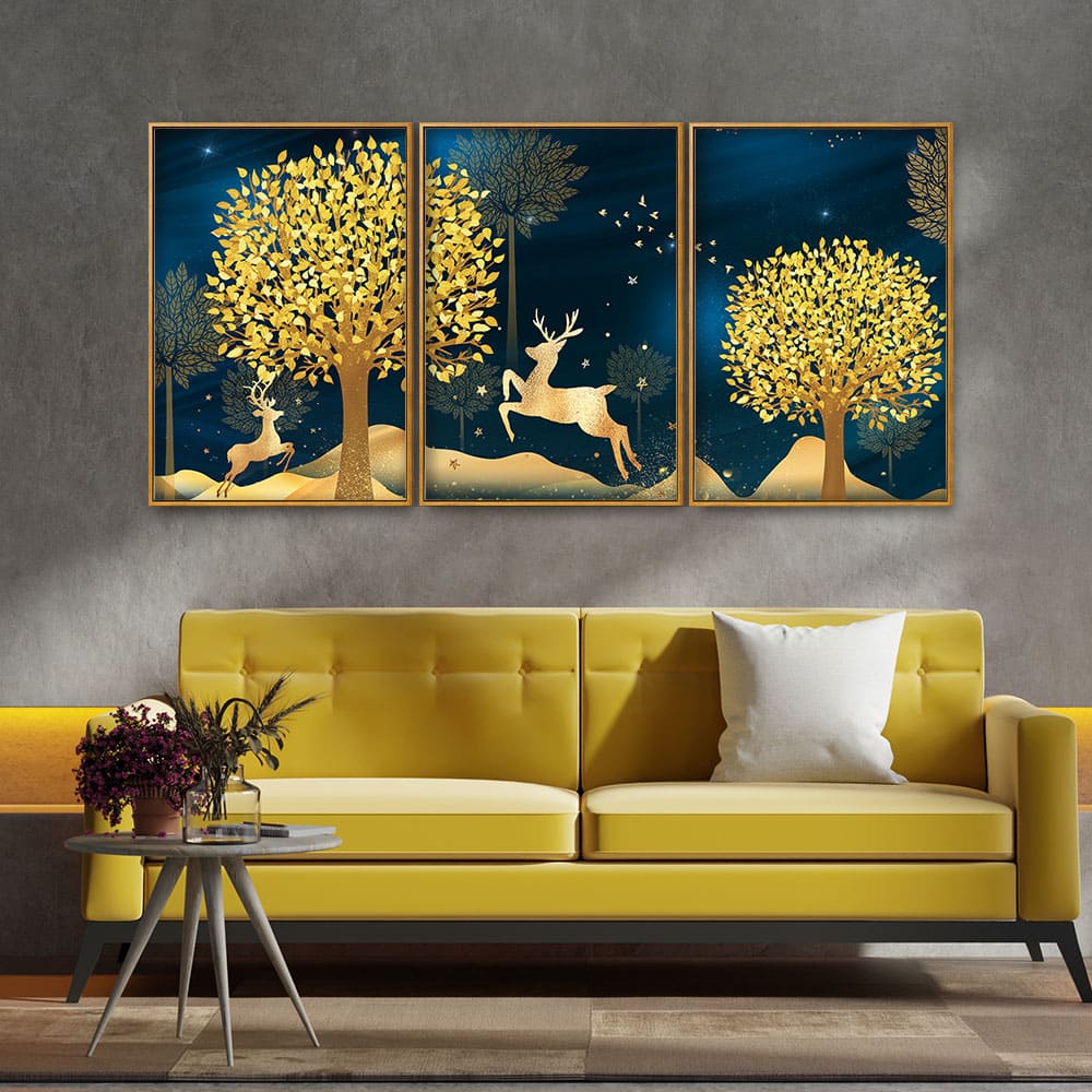 Golden Leaf Tree with Golden Deer Floating Canvas Wall Painting Set of Three - Image 2