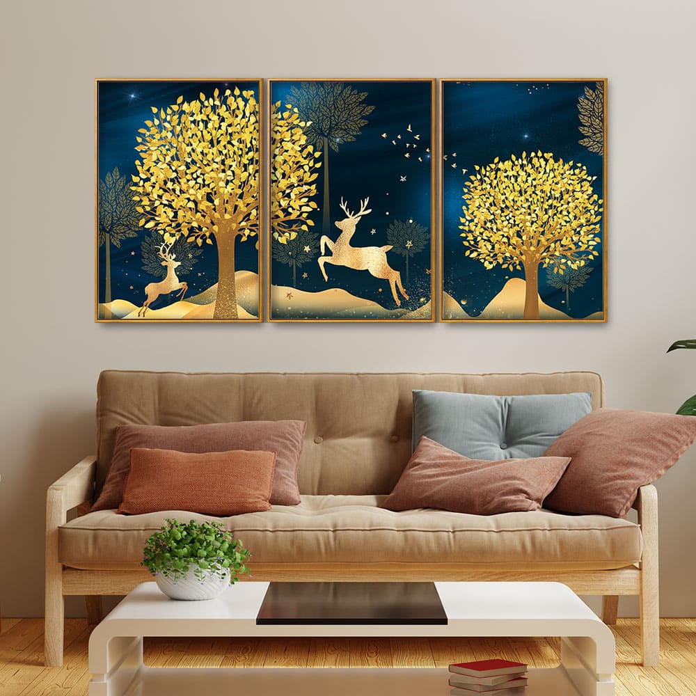 Golden Leaf Tree with Golden Deer Floating Canvas Wall Painting Set of Three - Image 3
