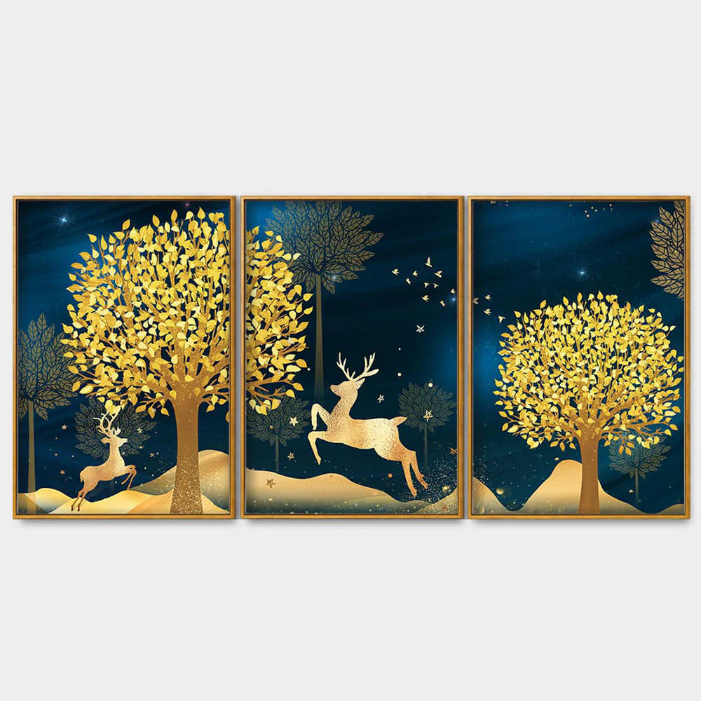 Golden Leaf Tree with Golden Deer Floating Canvas Wall Painting Set of Three - Image 4