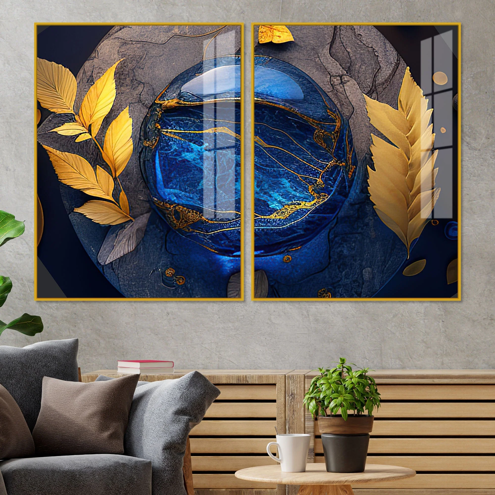 Golden Leaves Acrylic Floating Wall Painting Set of 2 - Image 2