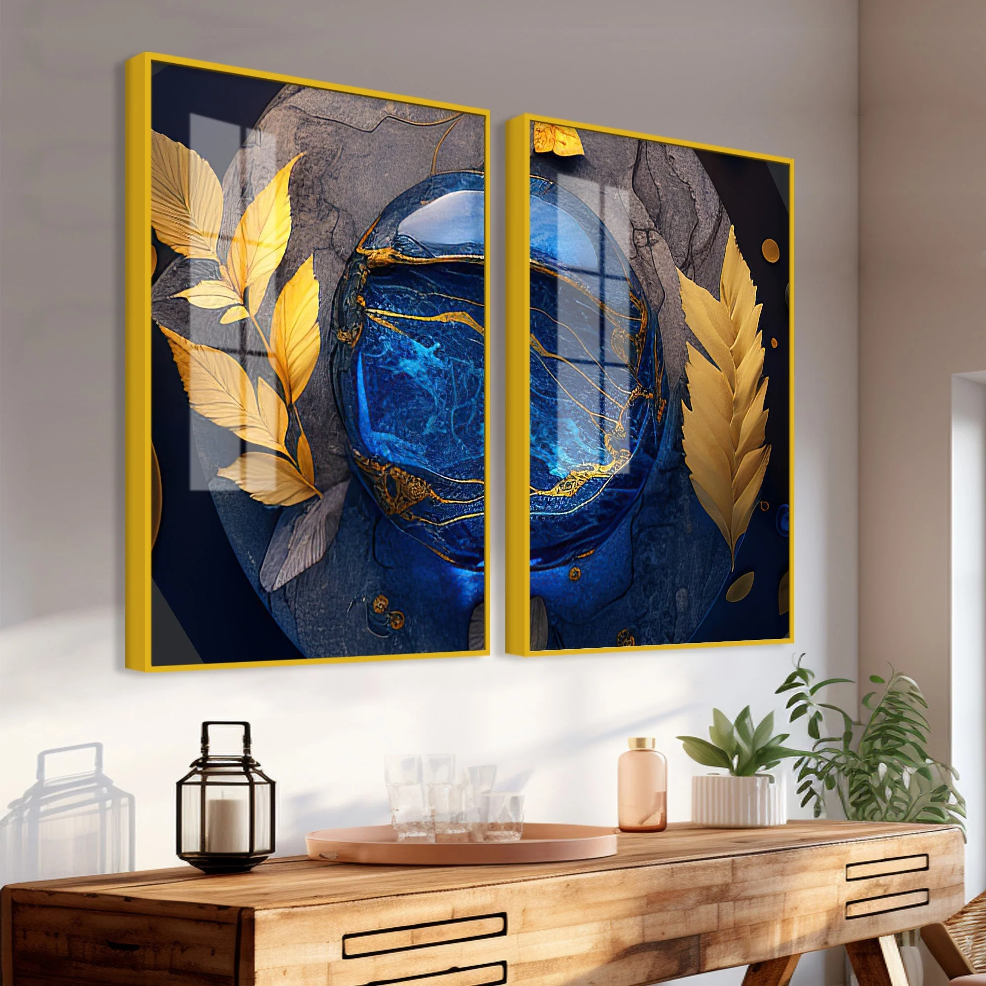 Golden Leaves Acrylic Floating Wall Painting Set of 2 - Image 3