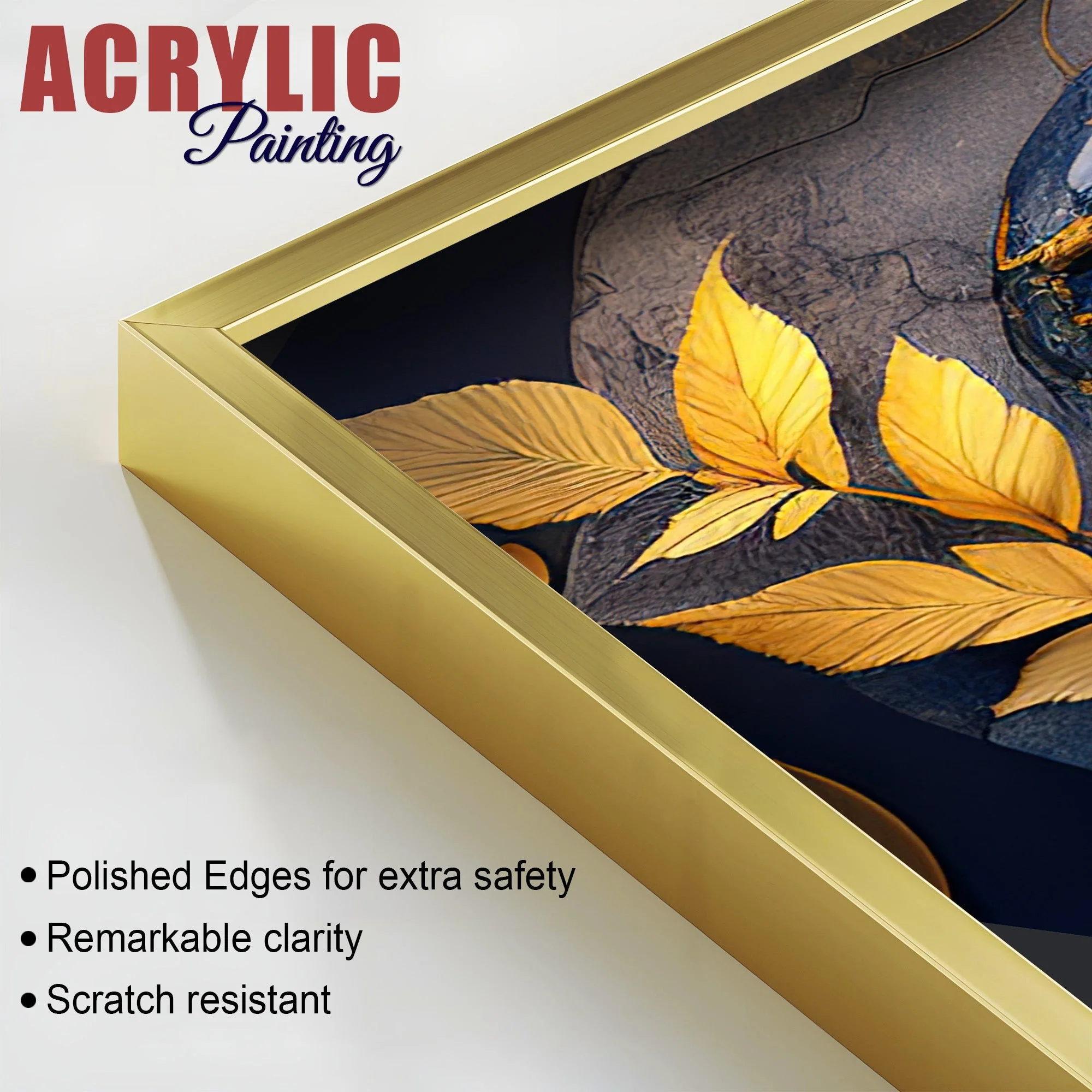 Golden Leaves Acrylic Floating Wall Painting Set of 2 - Image 4