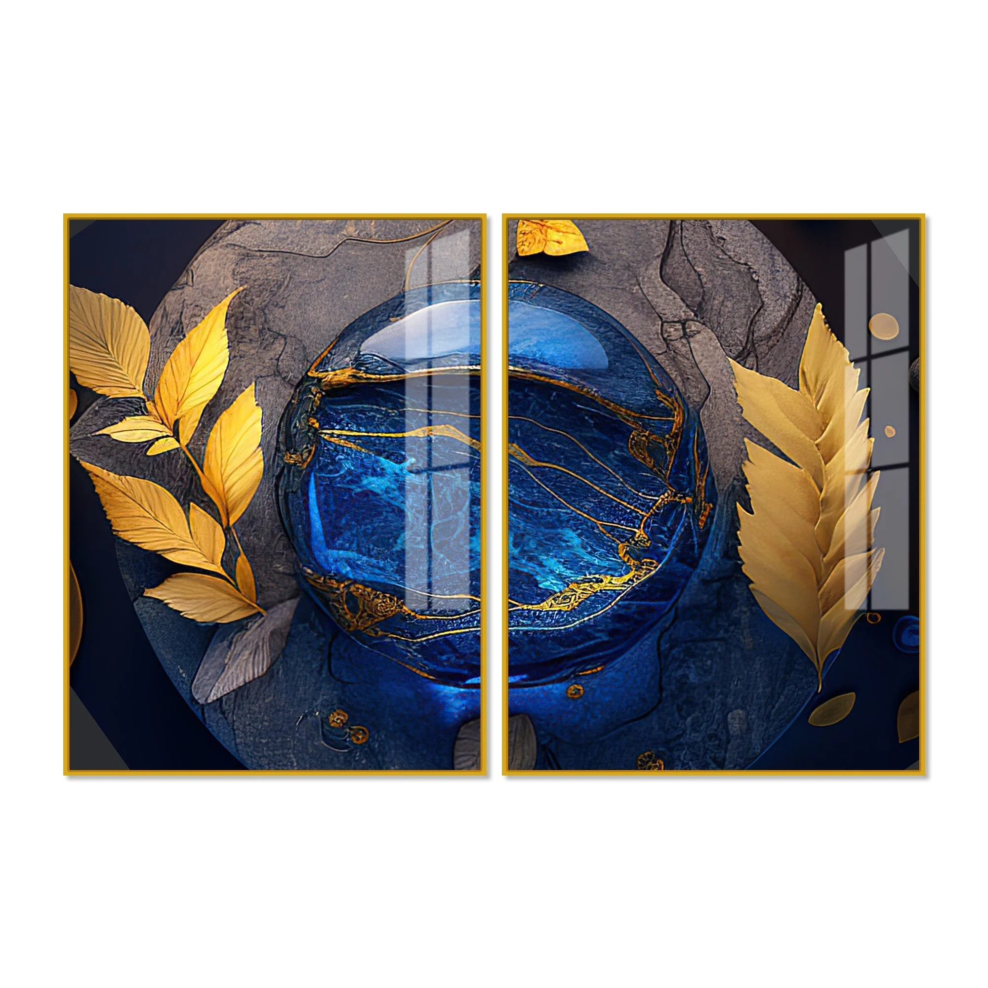 Golden Leaves Acrylic Floating Wall Painting Set of 2 - Image 5