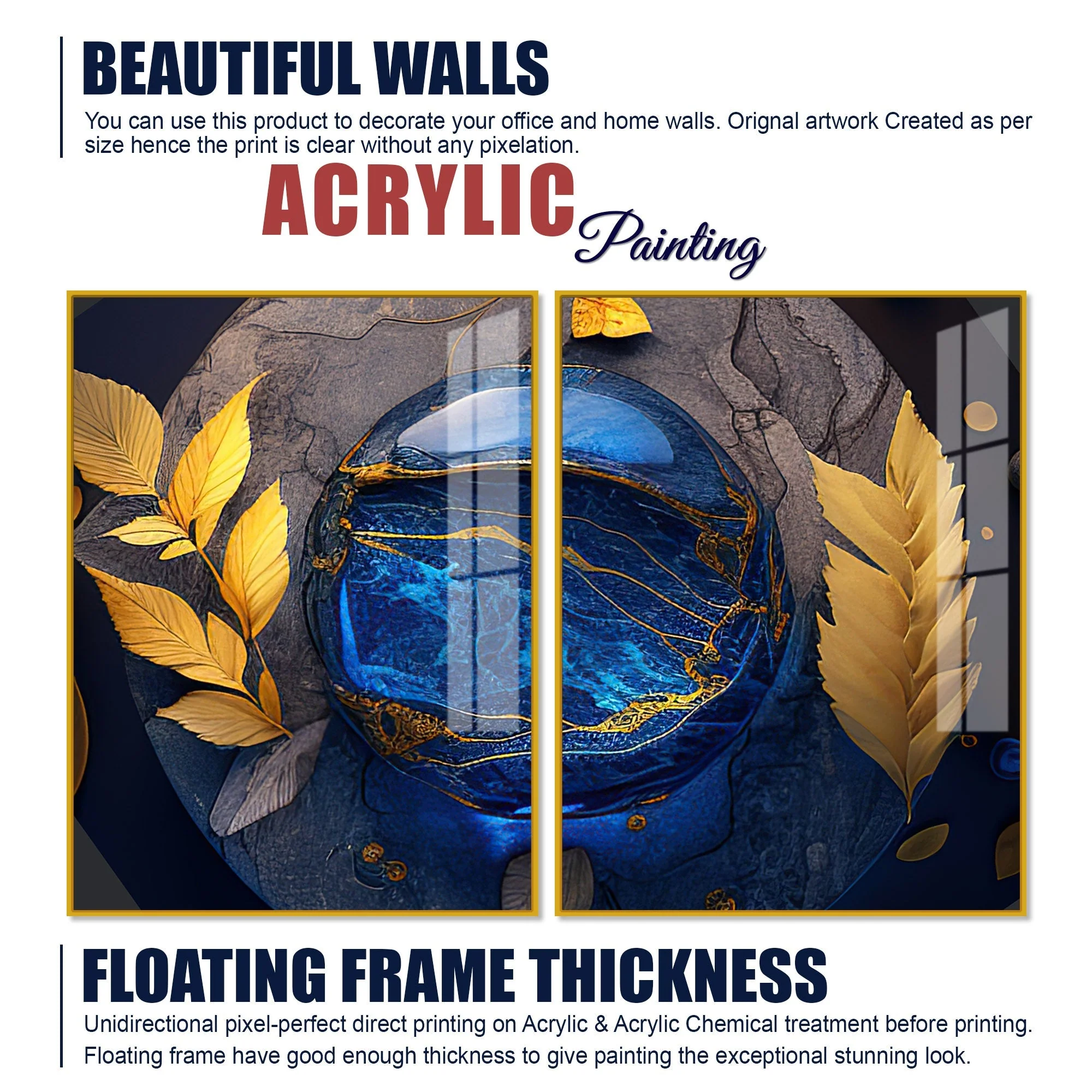 Golden Leaves Acrylic Floating Wall Painting Set of 2 - Image 6