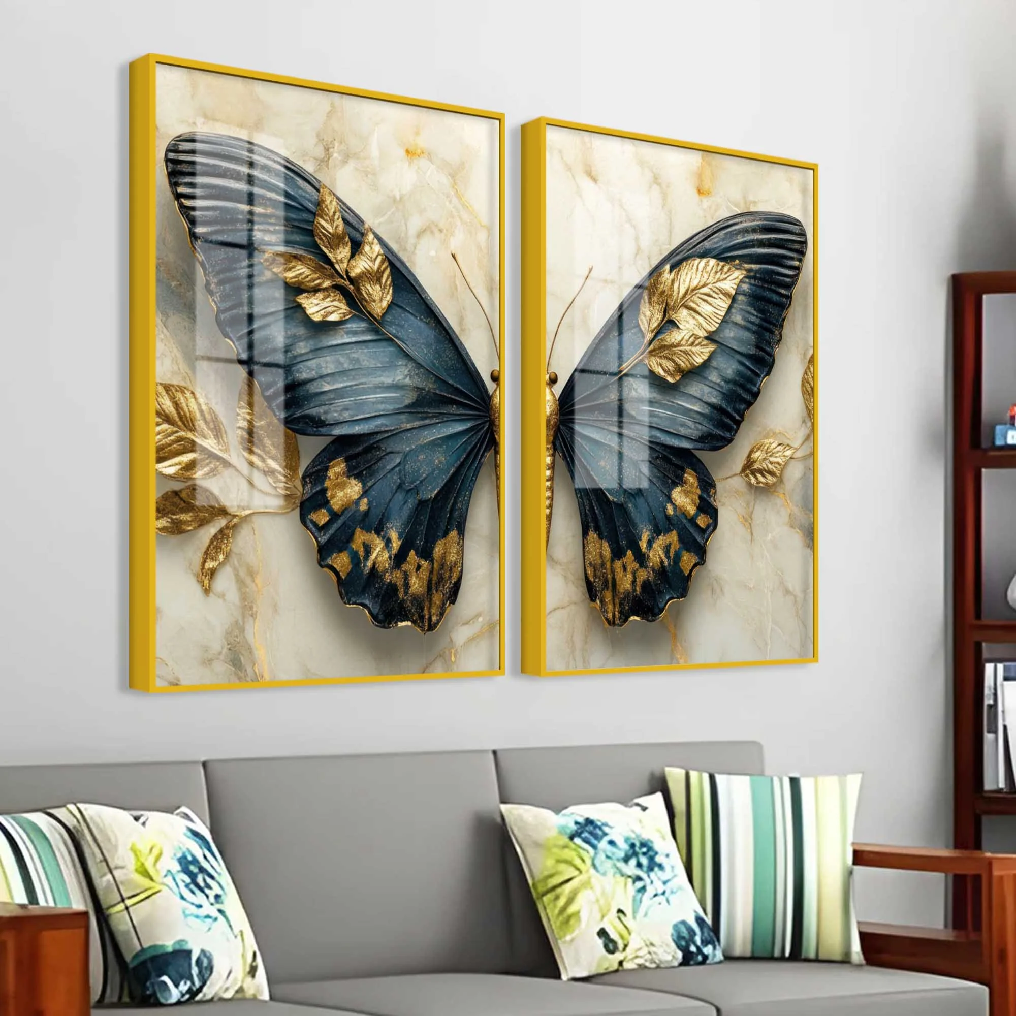 Golden Leaves & Aesthetic Butterfly Acrylic Floating Wall Painting Set of 2 - Image 3