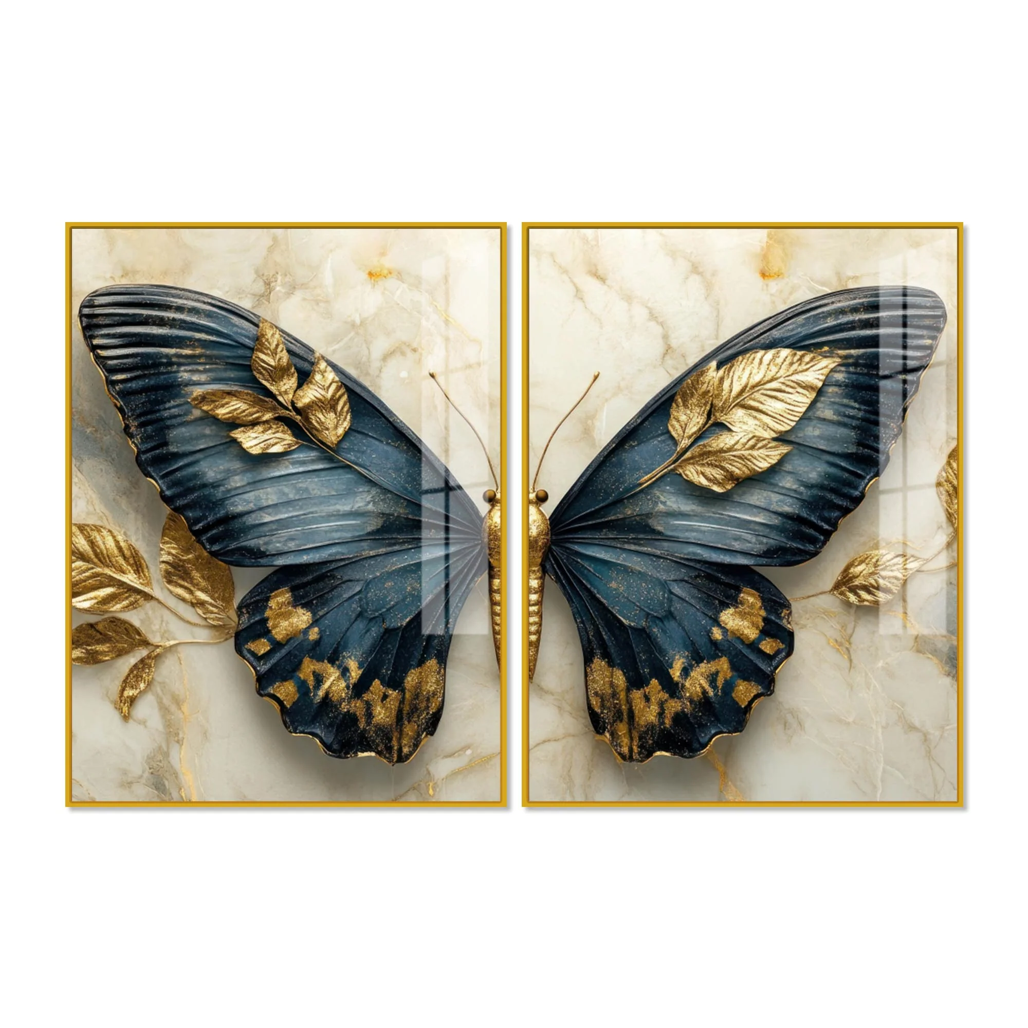 Golden Leaves & Aesthetic Butterfly Acrylic Floating Wall Painting Set of 2 - Image 4