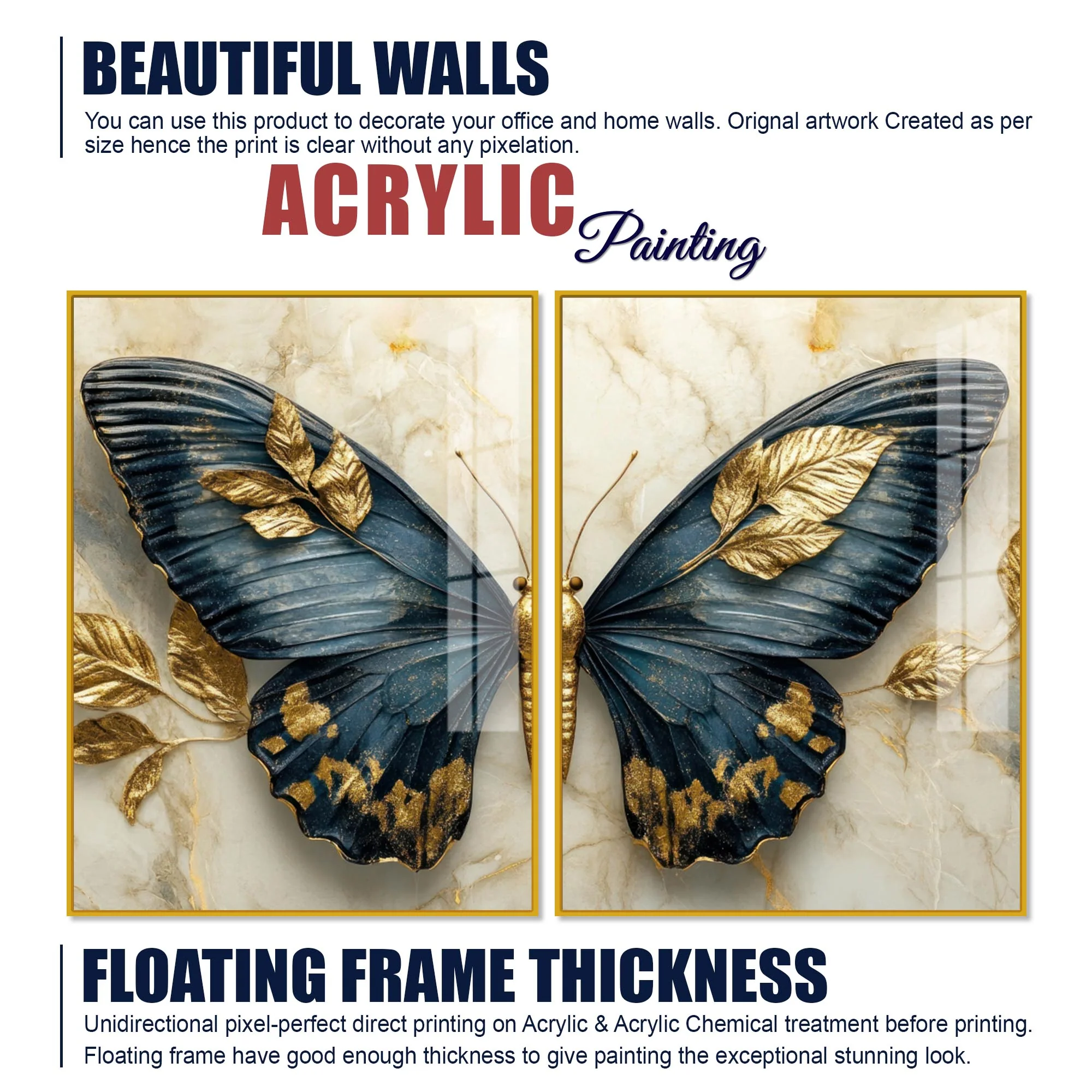 Golden Leaves & Aesthetic Butterfly Acrylic Floating Wall Painting Set of 2 - Image 6