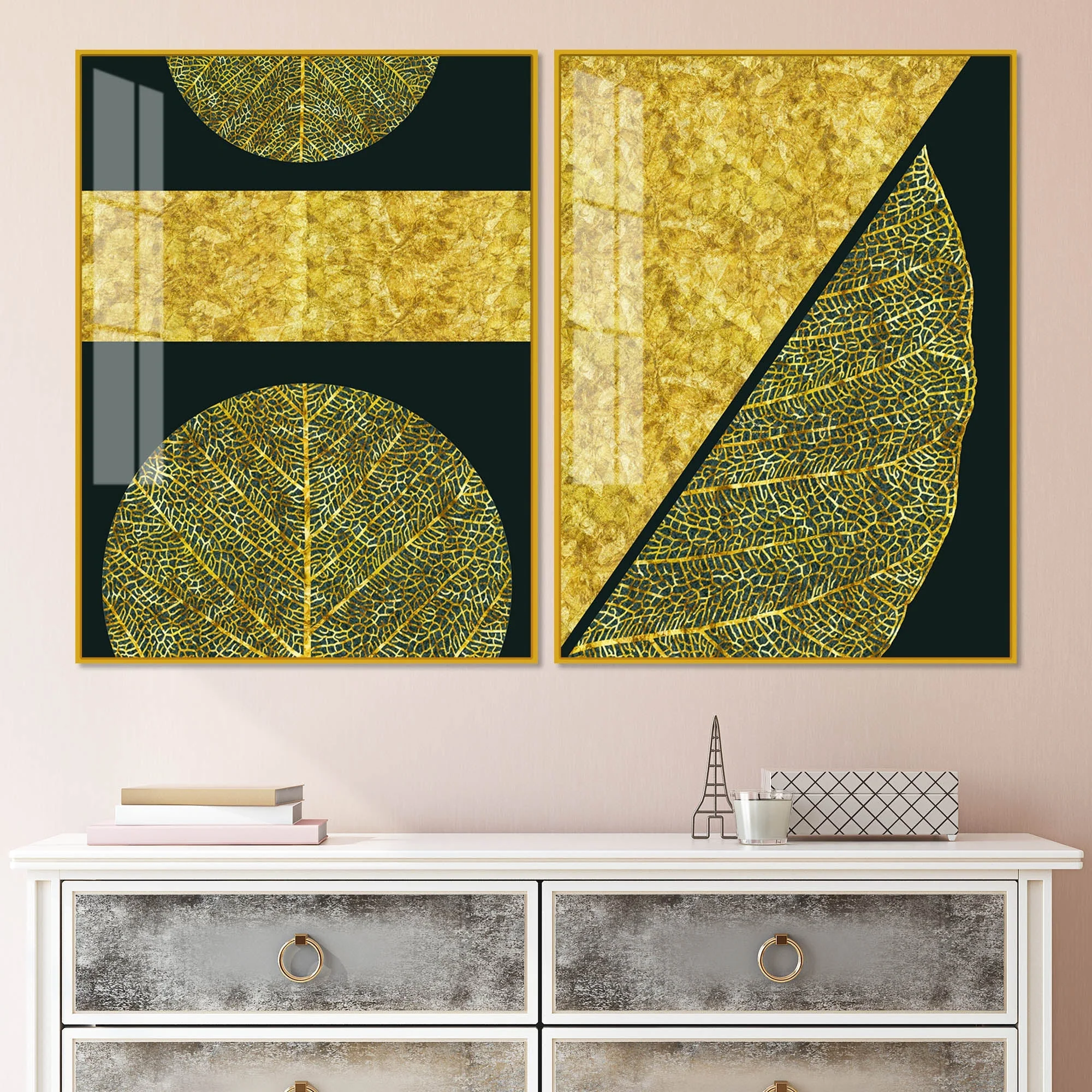 Golden Leaves and Line Art Acrylic Floating Wall Painting Set Of 2 - Image 2