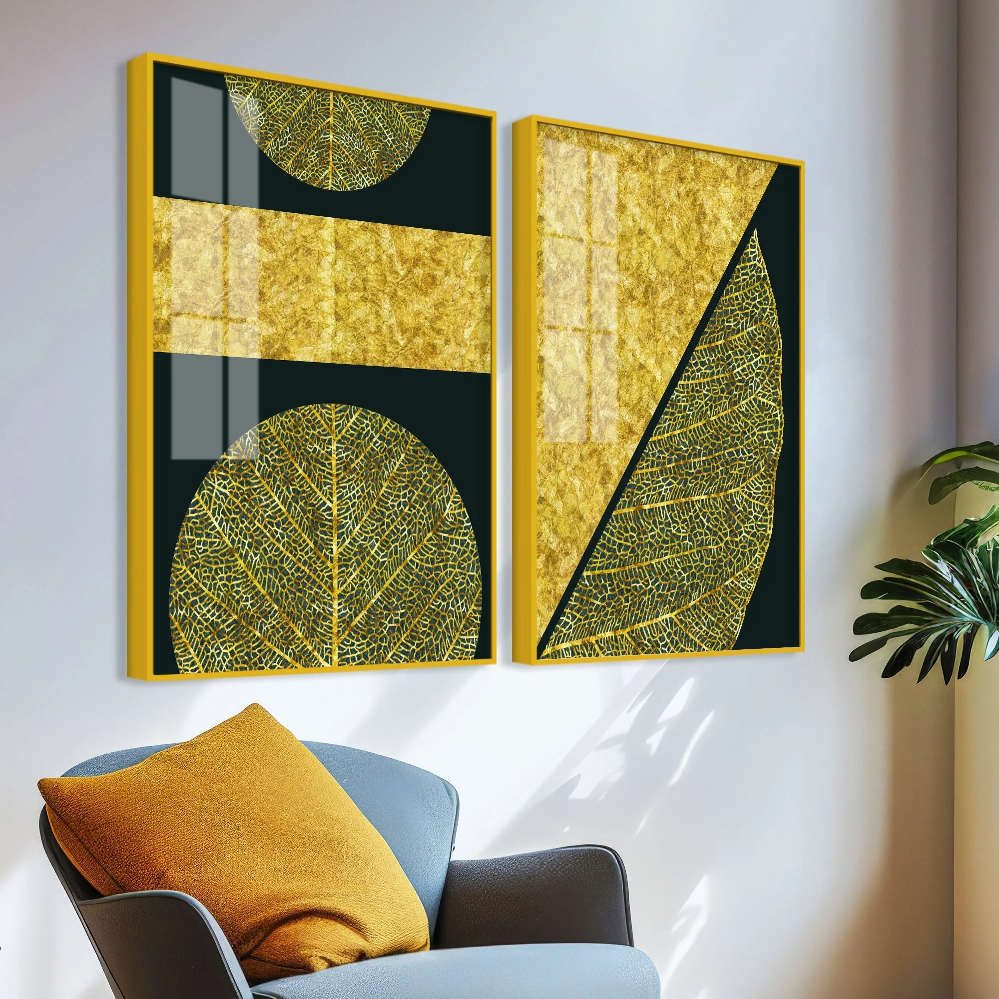 Golden Leaves and Line Art Acrylic Floating Wall Painting Set Of 2 - Image 3