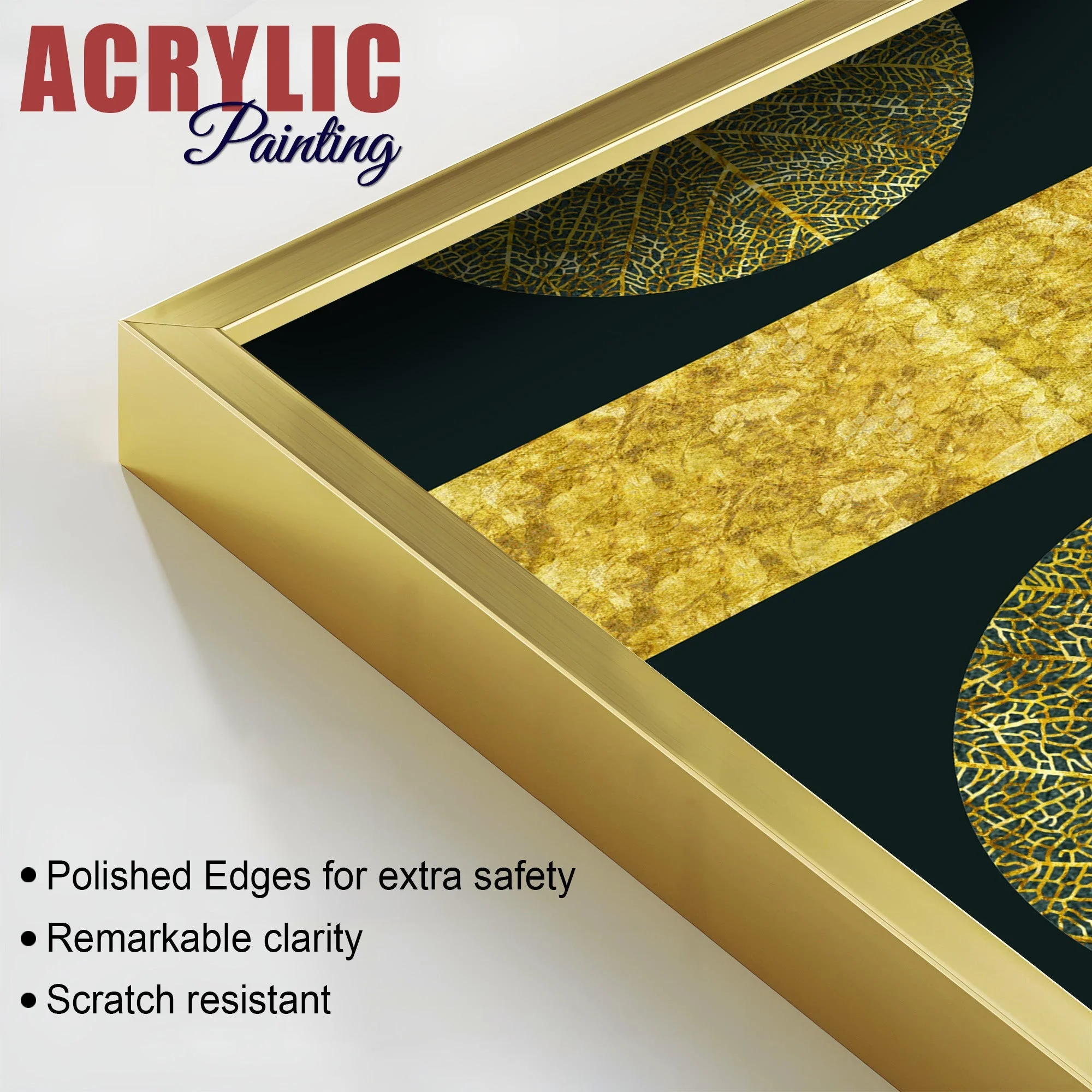 Golden Leaves and Line Art Acrylic Floating Wall Painting Set Of 2 - Image 4