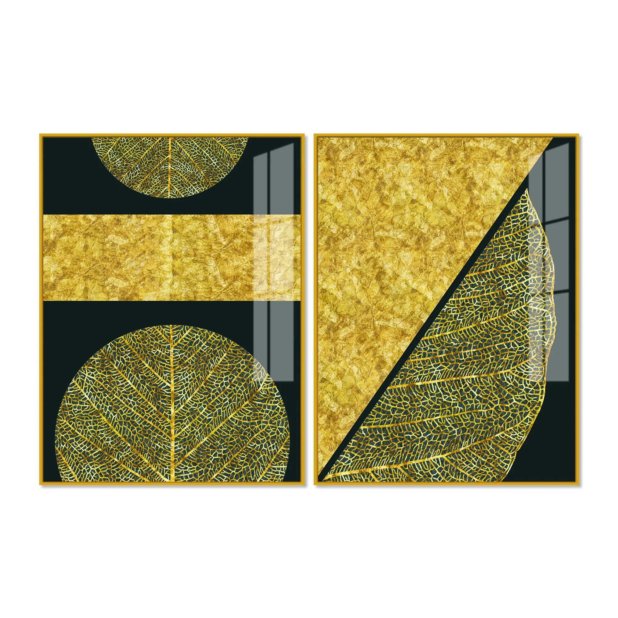 Golden Leaves and Line Art Acrylic Floating Wall Painting Set Of 2 - Image 5