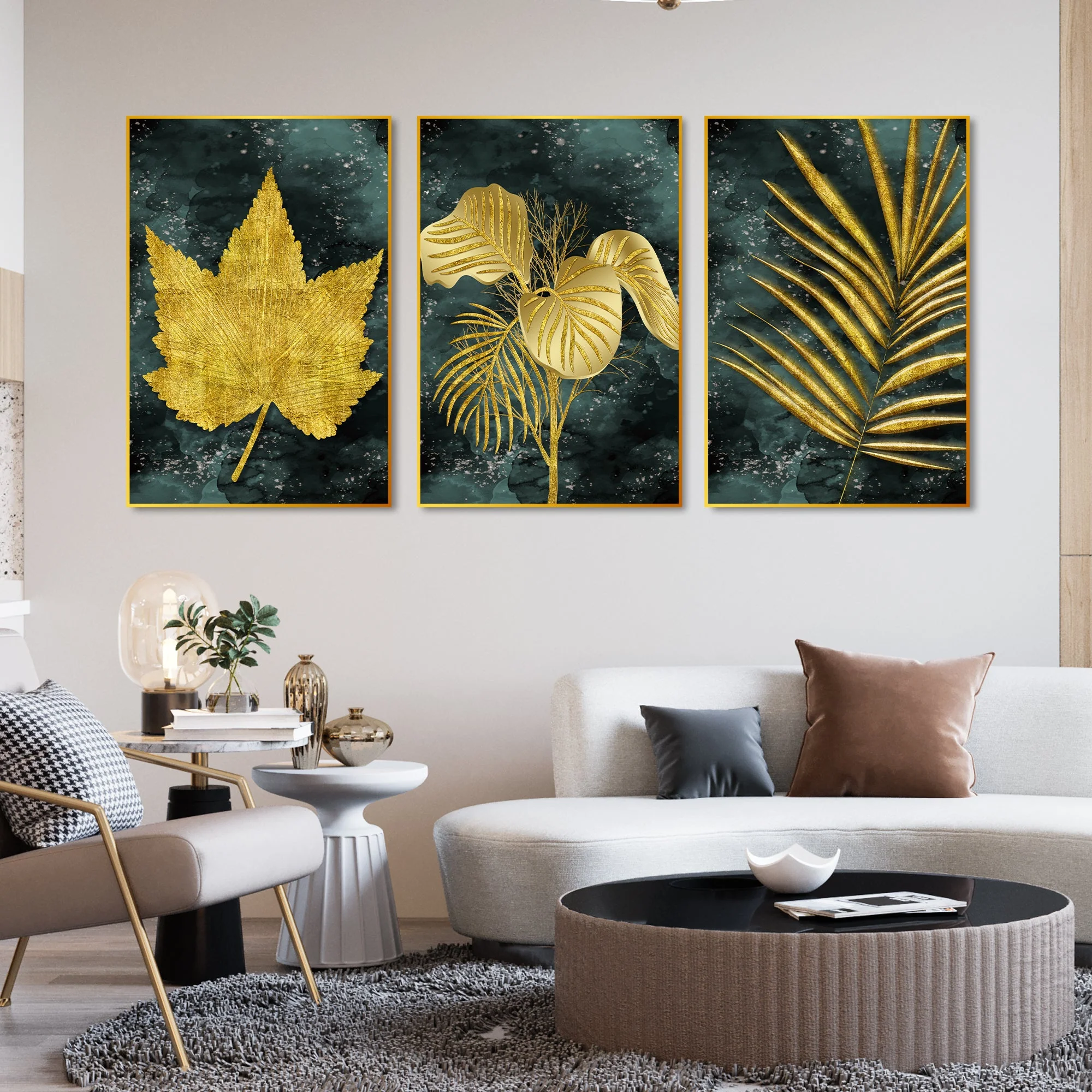 Golden Leaves Floating Canvas Wall Painting Set of Three - Image 2