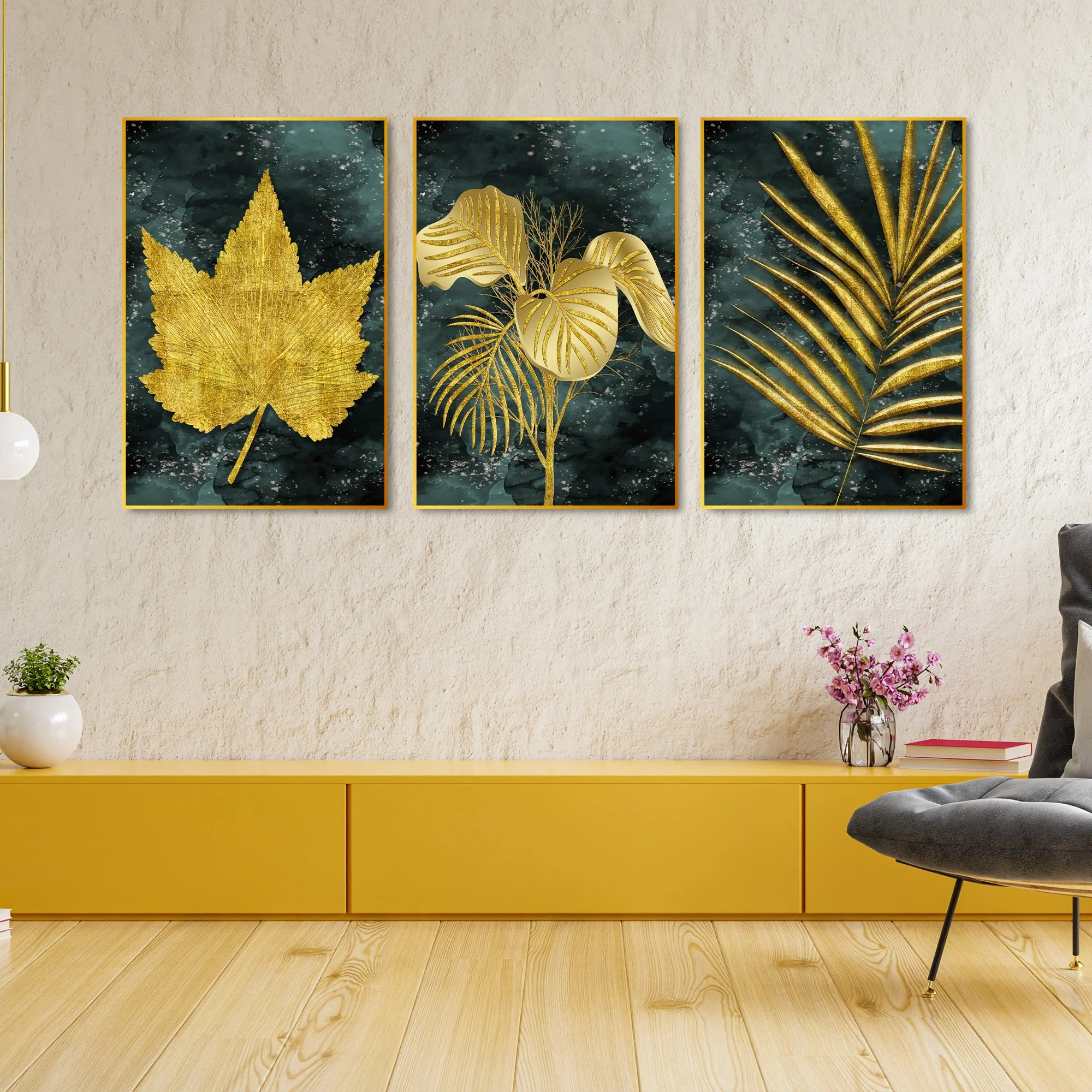 Golden Leaves Floating Canvas Wall Painting Set of Three - Image 3