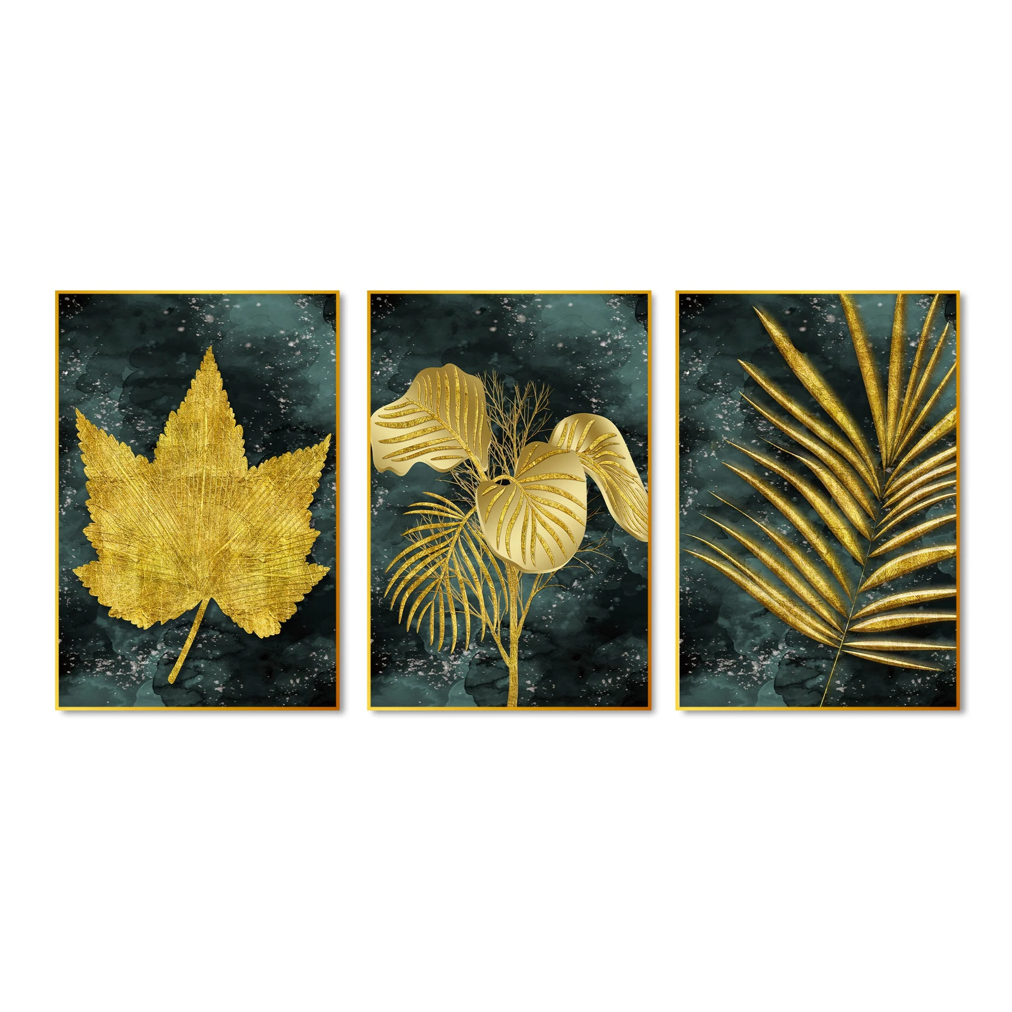Golden Leaves Floating Canvas Wall Painting Set of Three - Image 4