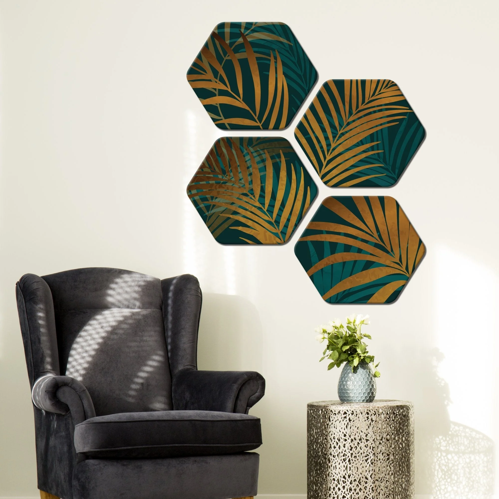 Golden Leaves Premium Hexagon Painting Set of 4 Pieces - Image 3