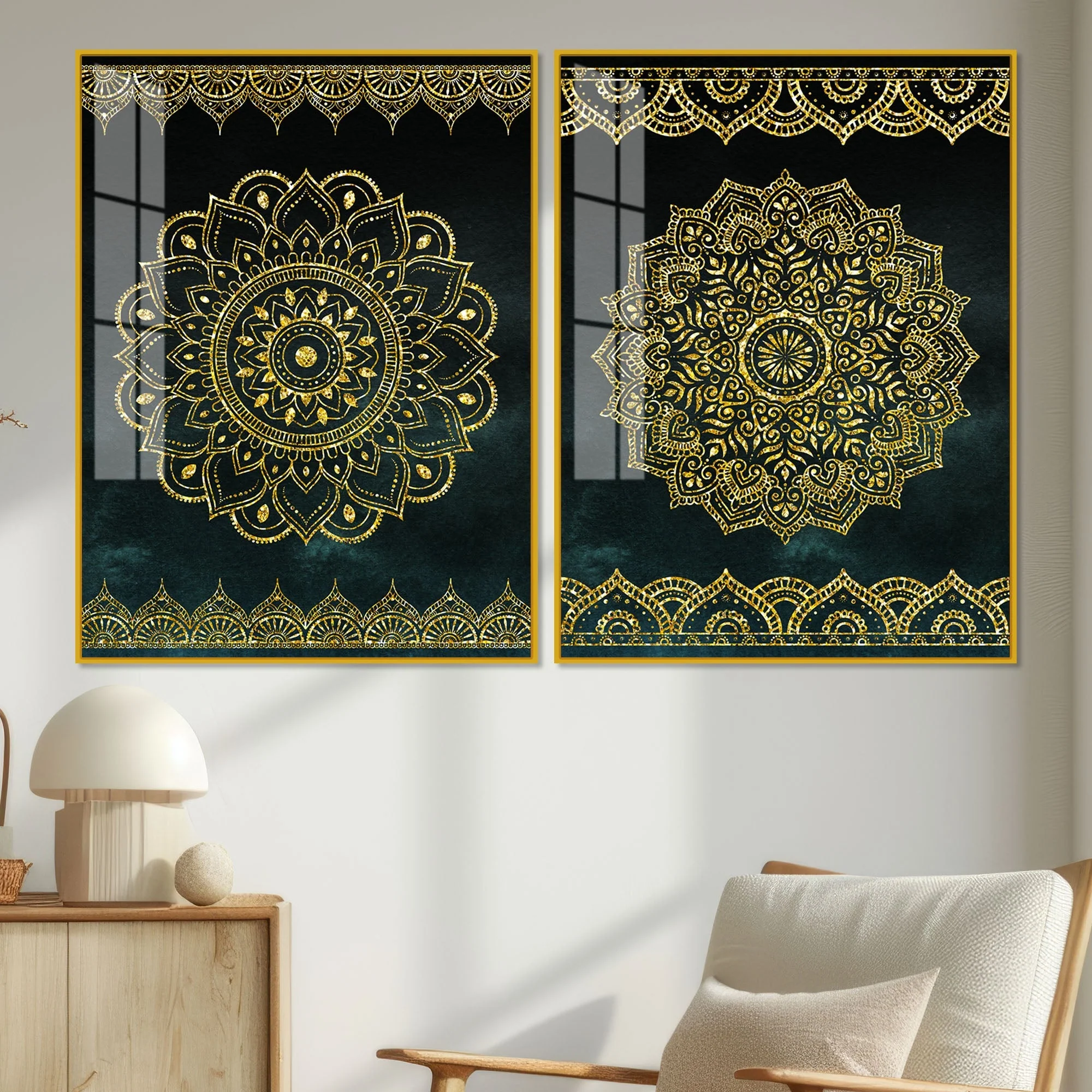 Golden Mandala Pattern Acrylic Floating Wall Painting Set of 2 - Image 2