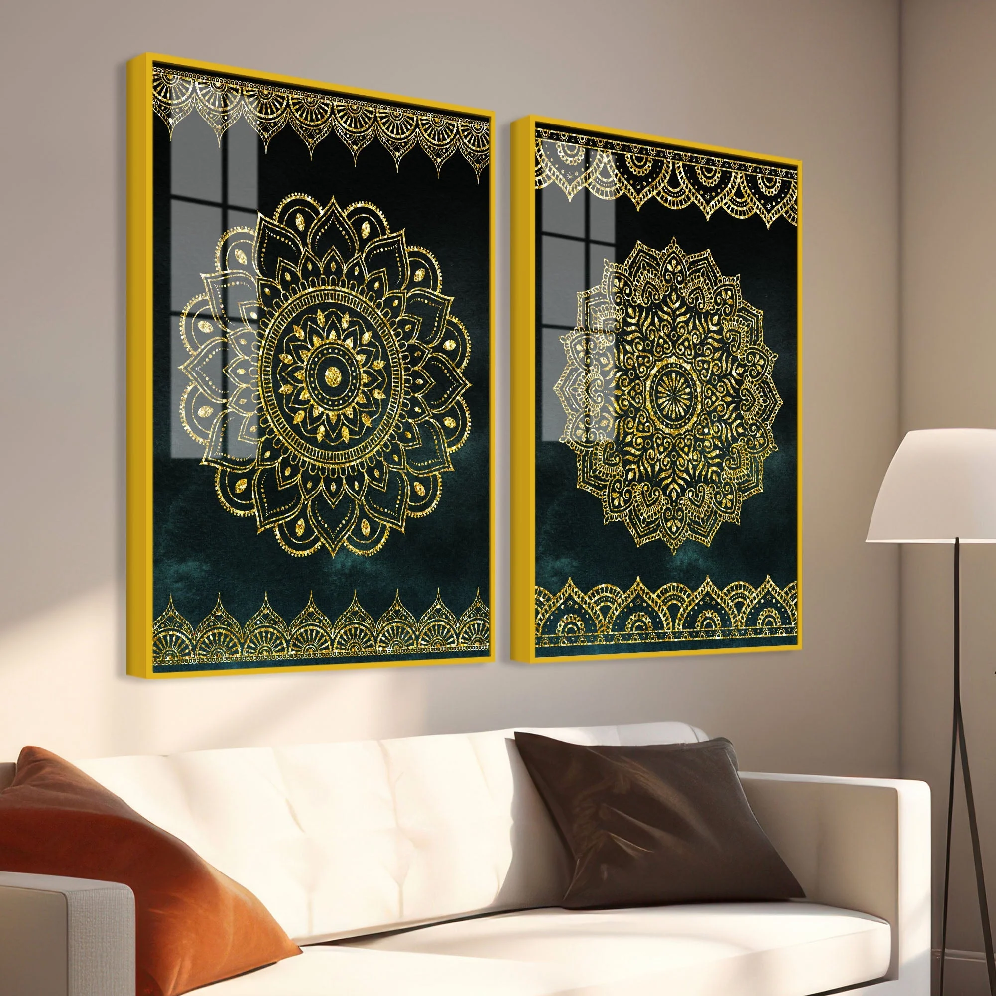 Golden Mandala Pattern Acrylic Floating Wall Painting Set of 2 - Image 3