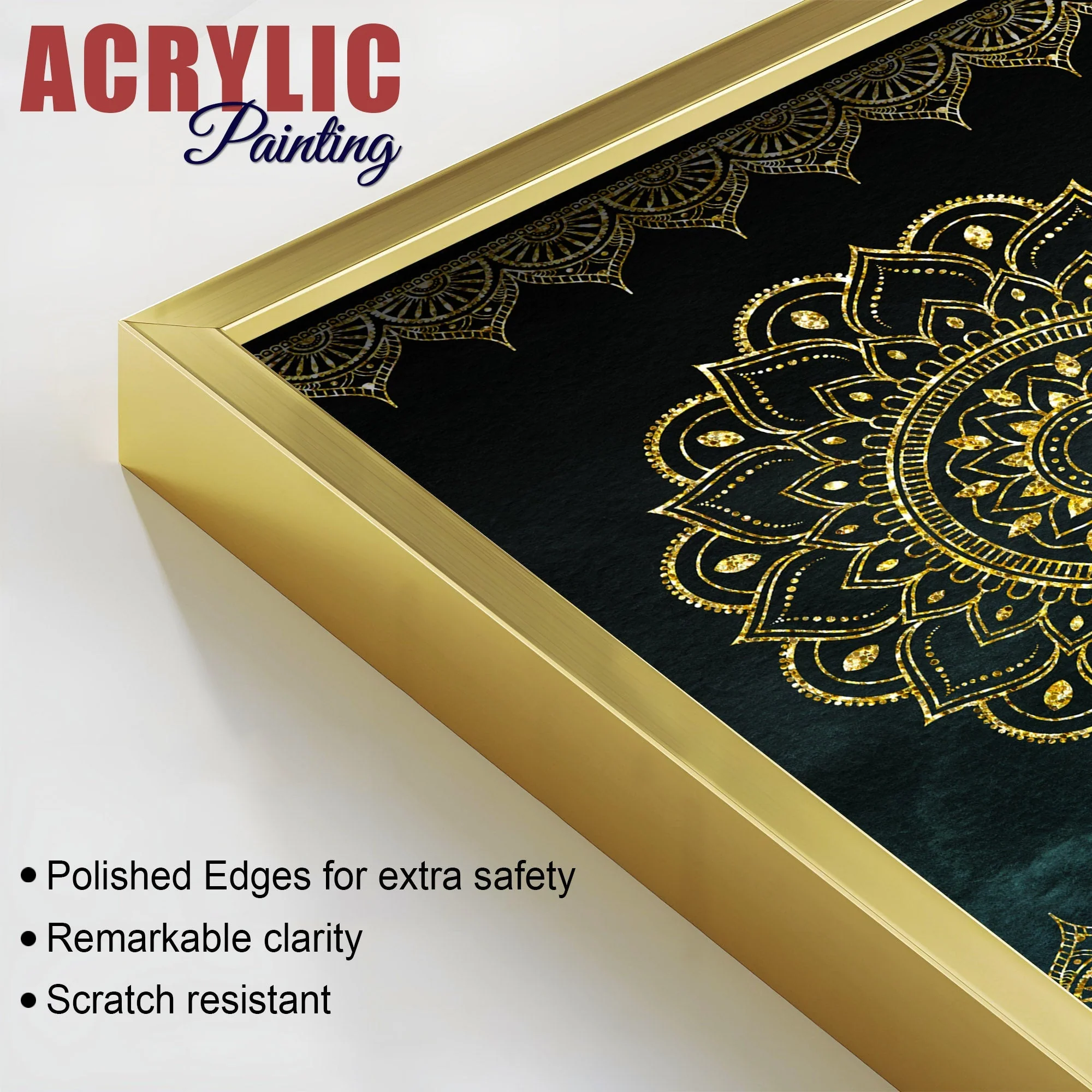 Golden Mandala Pattern Acrylic Floating Wall Painting Set of 2 - Image 4