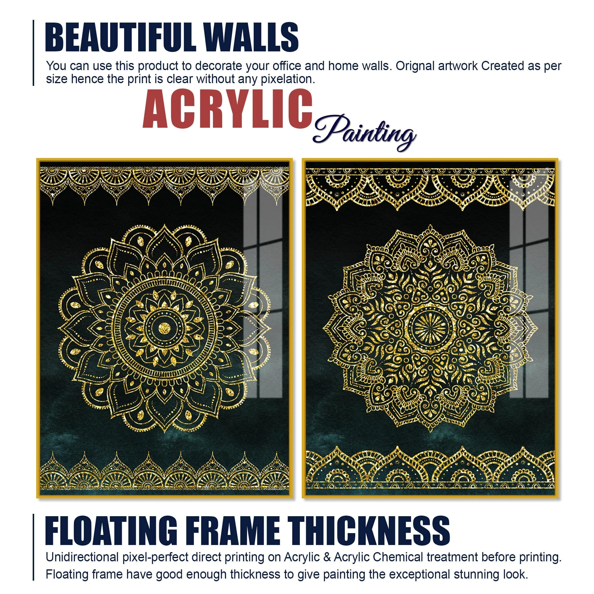 Golden Mandala Pattern Acrylic Floating Wall Painting Set of 2 - Image 6