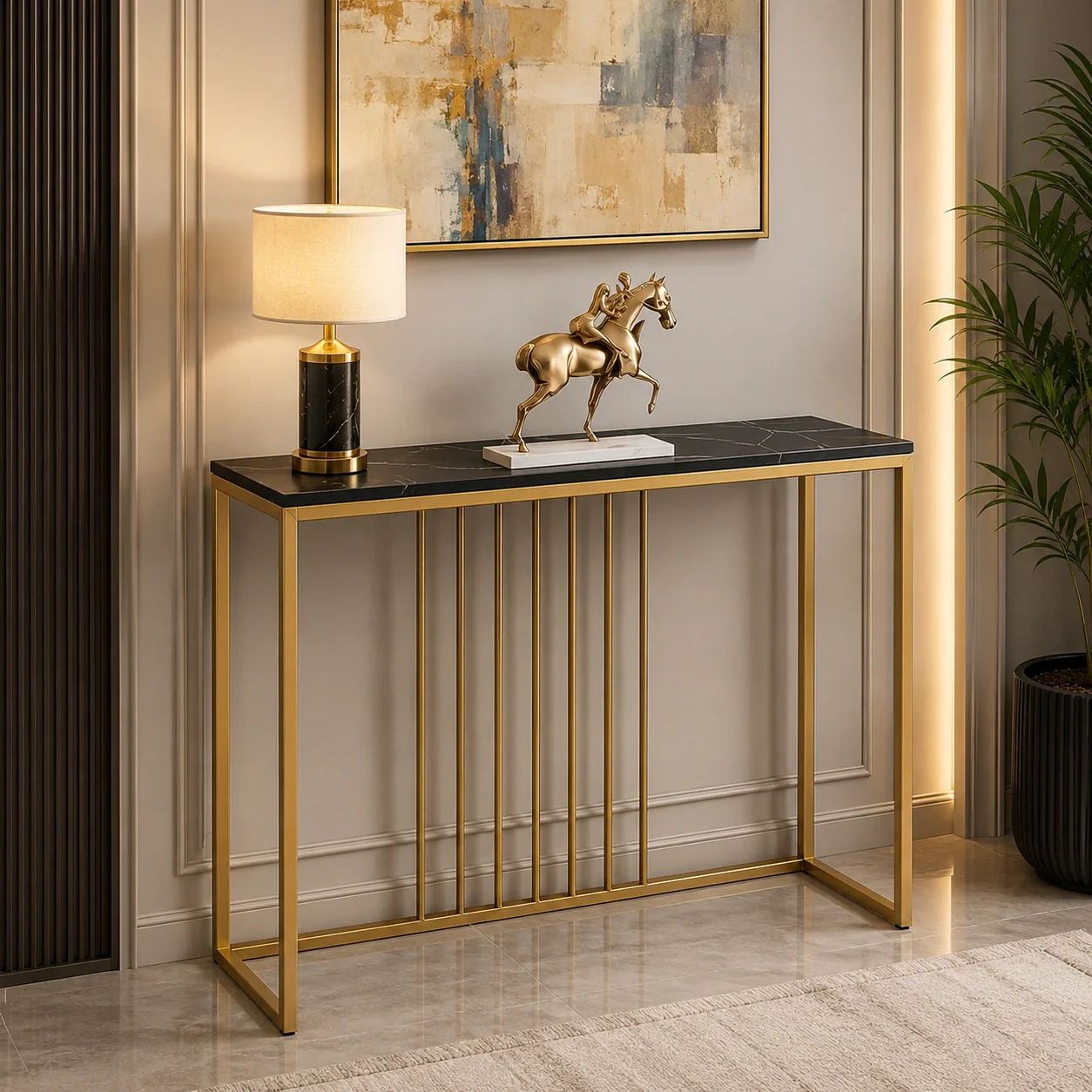 Golden Metallic Rectangular Shaped Black Marble Designer Console Table