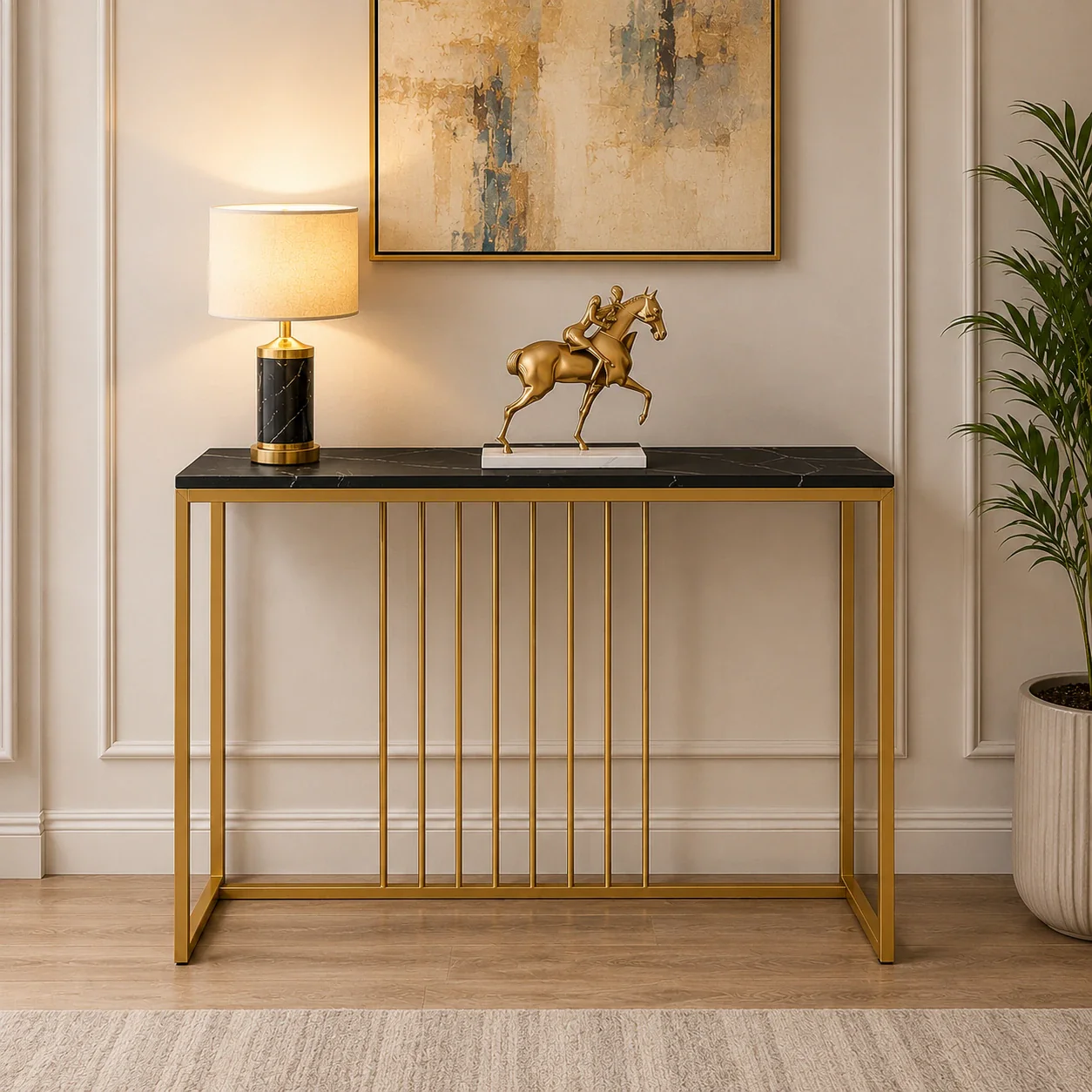 Golden Metallic Rectangular Shaped Black Marble Designer Console Table - Image 2