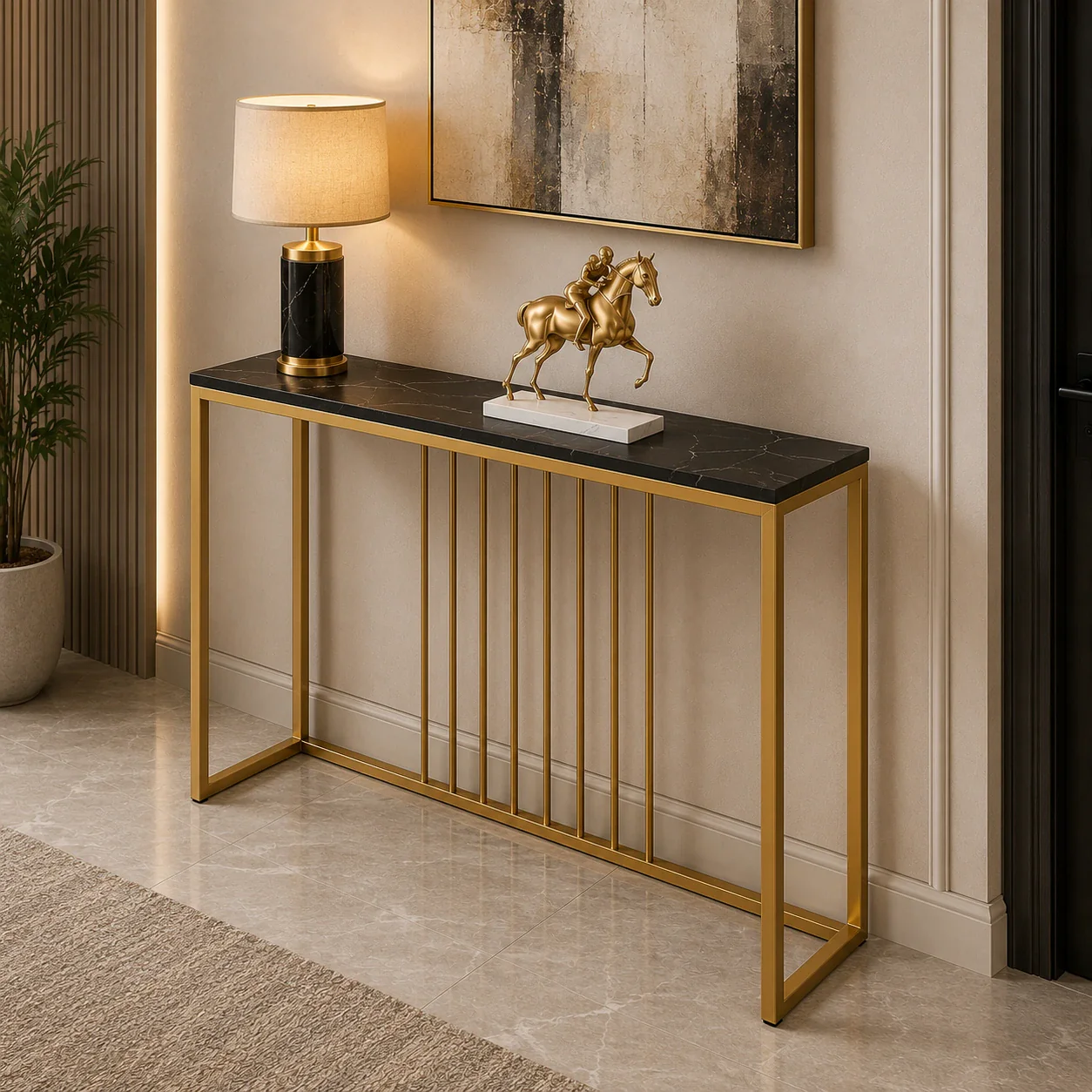 Golden Metallic Rectangular Shaped Black Marble Designer Console Table - Image 3
