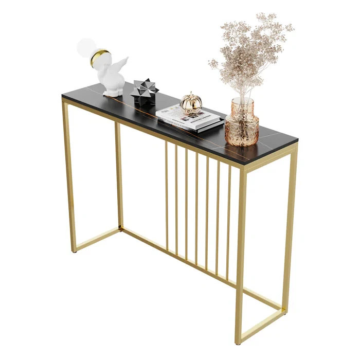 Golden Metallic Rectangular Shaped Black Marble Designer Console Table - Image 4