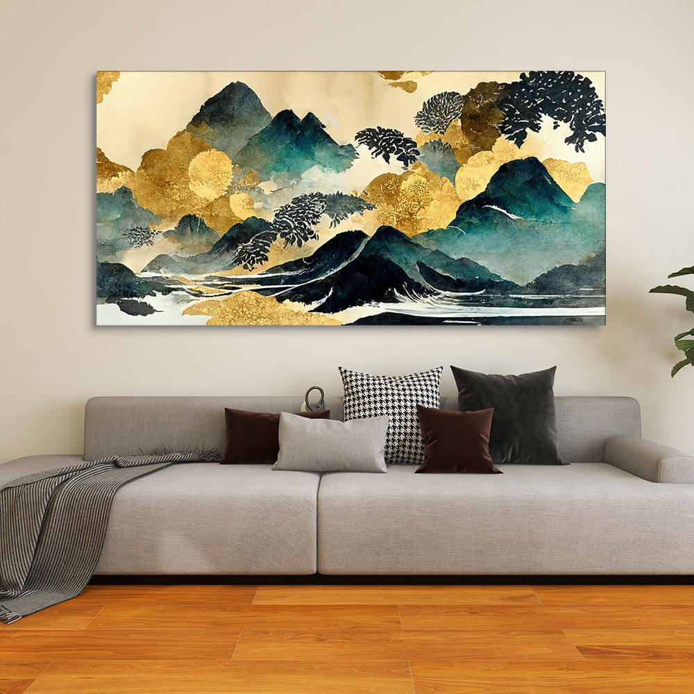 Golden Mountain Scenery of Mount Fuji Premium Canvas Wall Painting - Image 2