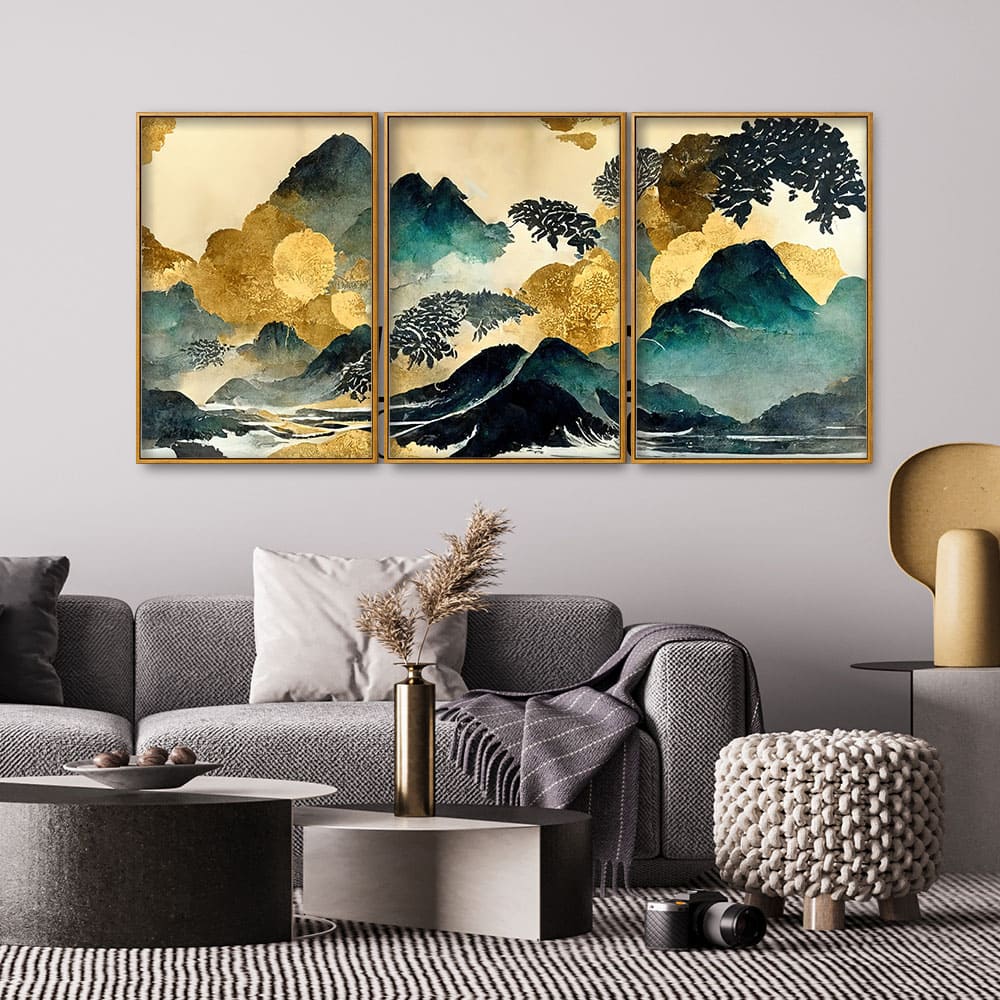 Golden Mountain Scenery of Mount Fuji Premium Floating Canvas Wall Painting Set of Three - Image 2