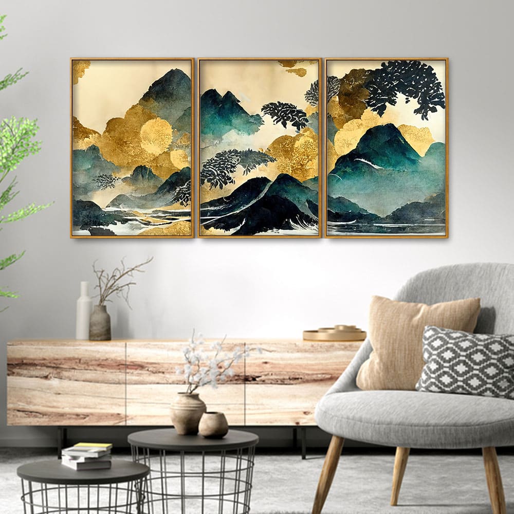 Golden Mountain Scenery of Mount Fuji Premium Floating Canvas Wall Painting Set of Three - Image 3