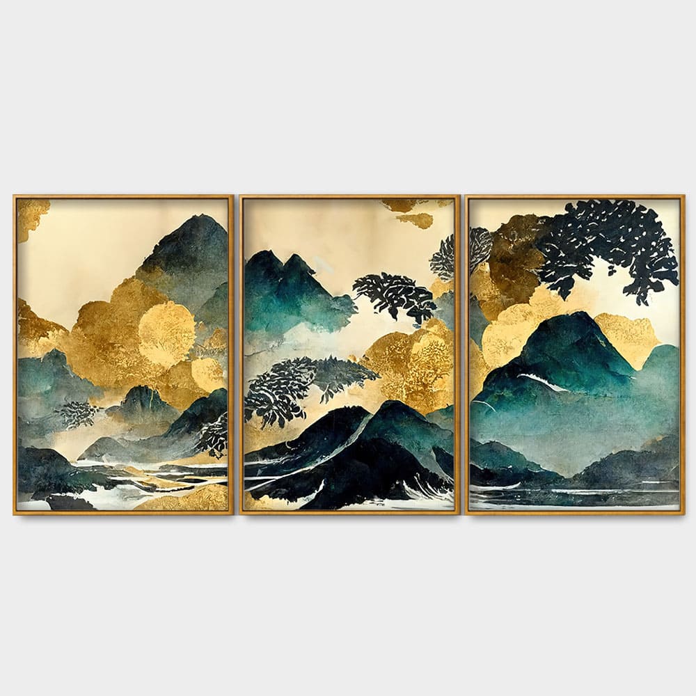 Golden Mountain Scenery of Mount Fuji Premium Floating Canvas Wall Painting Set of Three - Image 4