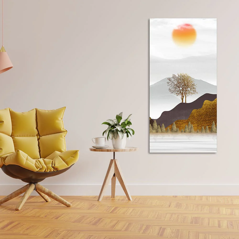 Golden Mountain with Beautiful Sunrise Premium Canvas Wall Painting - Image 2