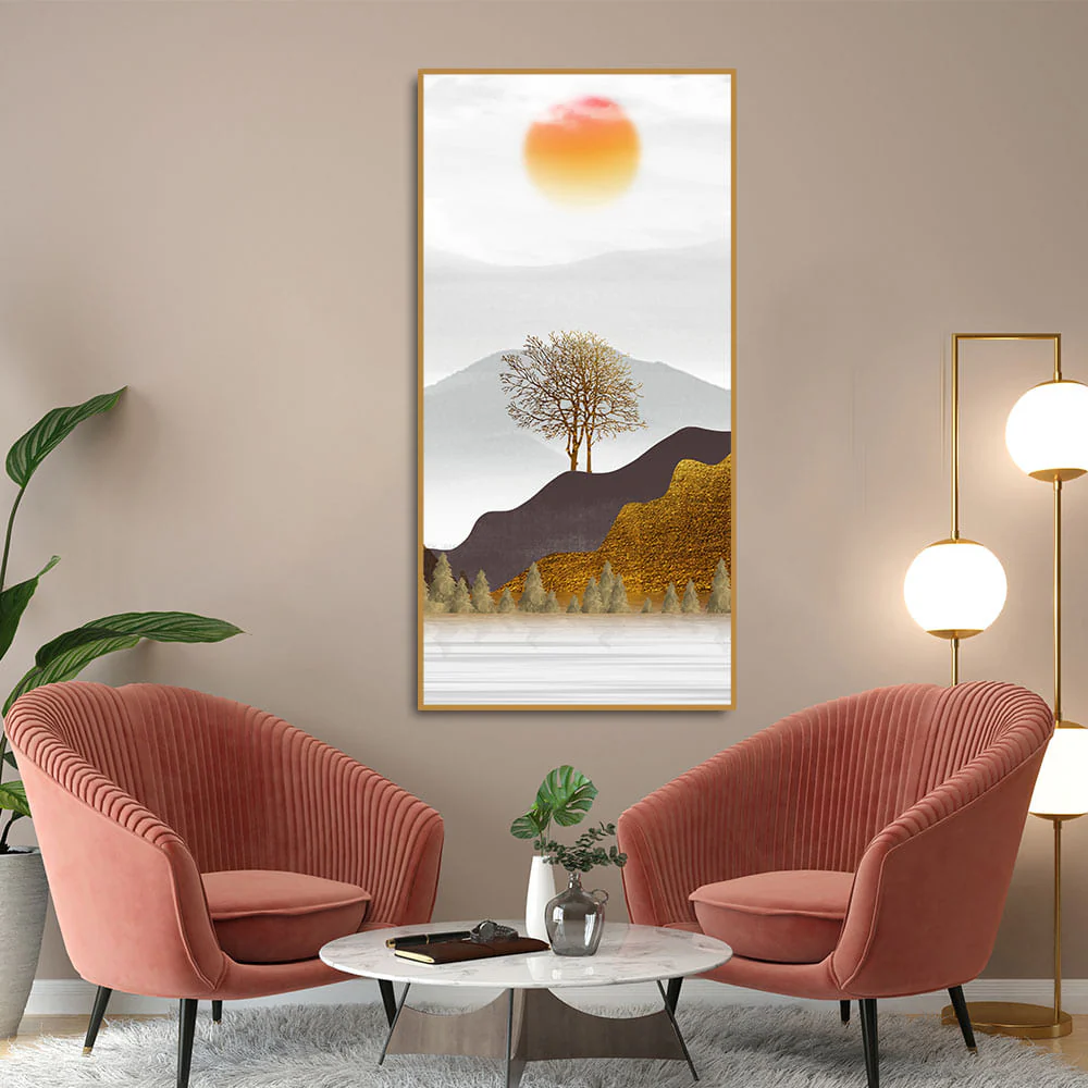 Golden Mountain with Beautiful Sunrise Premium Canvas Wall Painting - Image 3