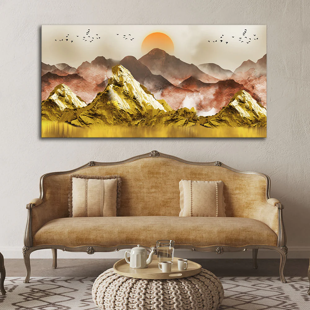 Golden Mountains and Birds Scenery Premium Canvas Wall Painting - Image 2