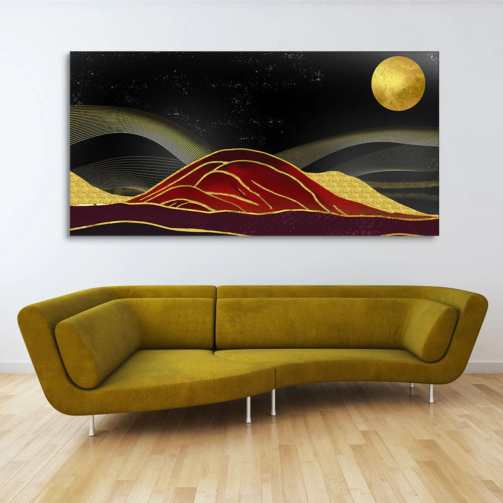 Golden Mountains lines Art with Moon Canvas Wall Painting - Image 2